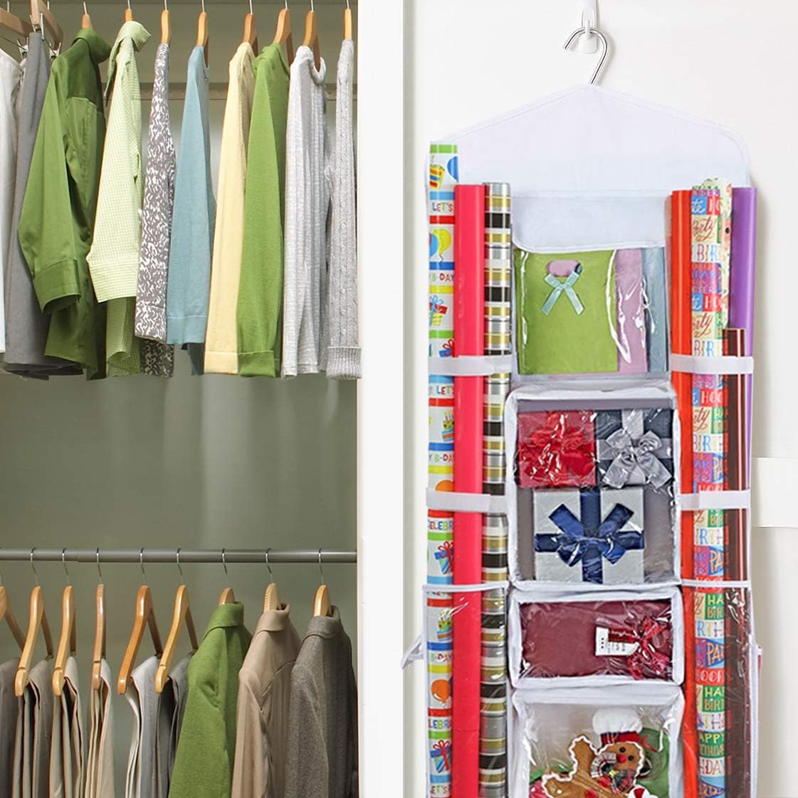 ProPik Wrapping Paper Storage Organizer - Double-Sided Design with Multiple Pockets | Fits 40-Inch Rolls (White)