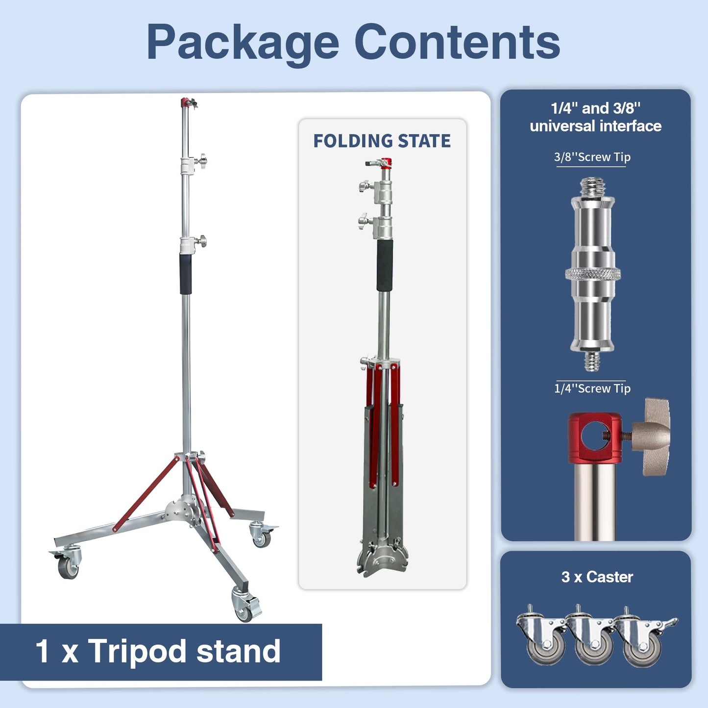 Kate Heavy Duty 10.8ft Light Stand with Casters, Adjustable Reinforced Stainless Steel Light Stand Tripod with 3 Wheels for Professional Studio Photography for Softbox, Monolight, Reflector