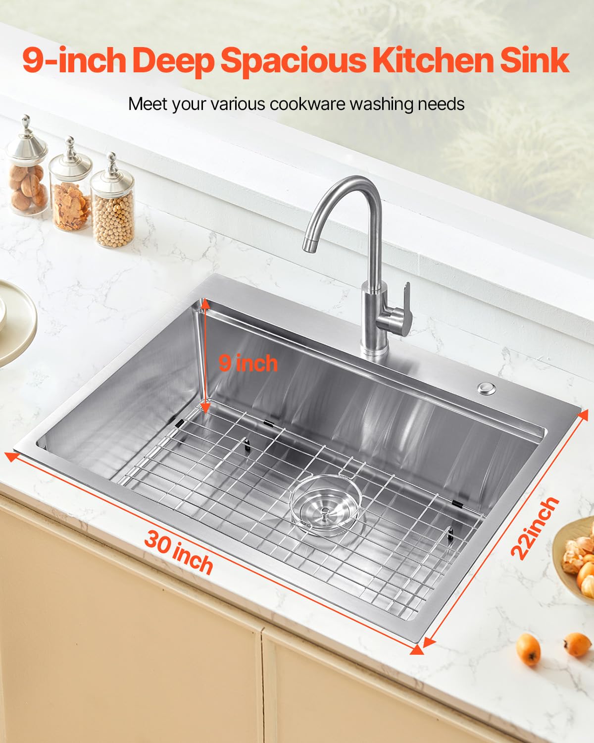 VEVOR Drop In Kitchen Sink 30 Inch Kitchen Sink Workstation, 304 Stainless Steel Top Mount Sinks, Drop-In Single Bowl with Ledge & Multiple Accessories Sink for RV, Prep Kitchen, Bar 30 x 22 x 9inch