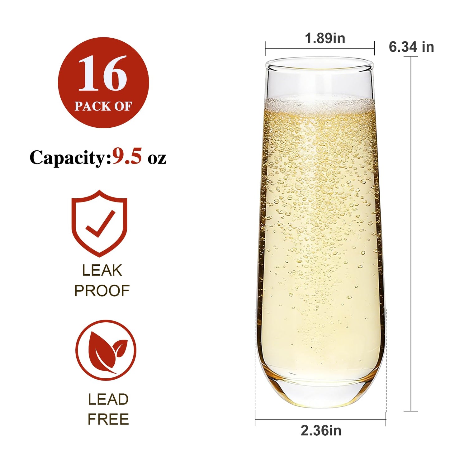 Ufrount Stemless Champagne Flutes Set of 16, 9.5 oz Champagne Glasses, Multi-purpose Mimosa Glasses for Prosecco, Cocktail, Water, Weddings, Bar and Parties