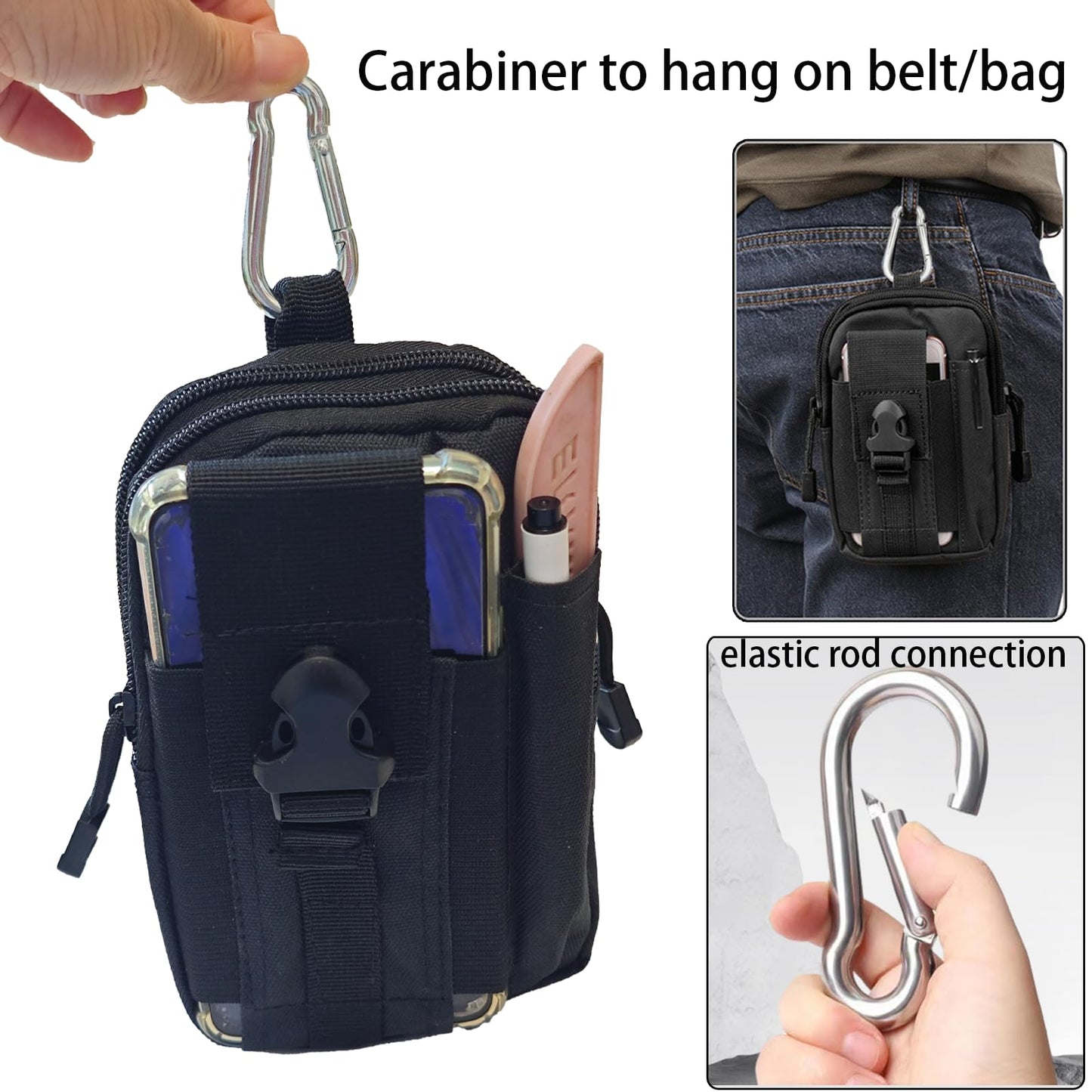 2 Pack Tactical EDC Pouch, Small Utility Pouches molle Phone Pouch Tool Pouch Belt Pouches for Men Tactical Vest Accessories with Aluminum Alloy Carabiner - Black