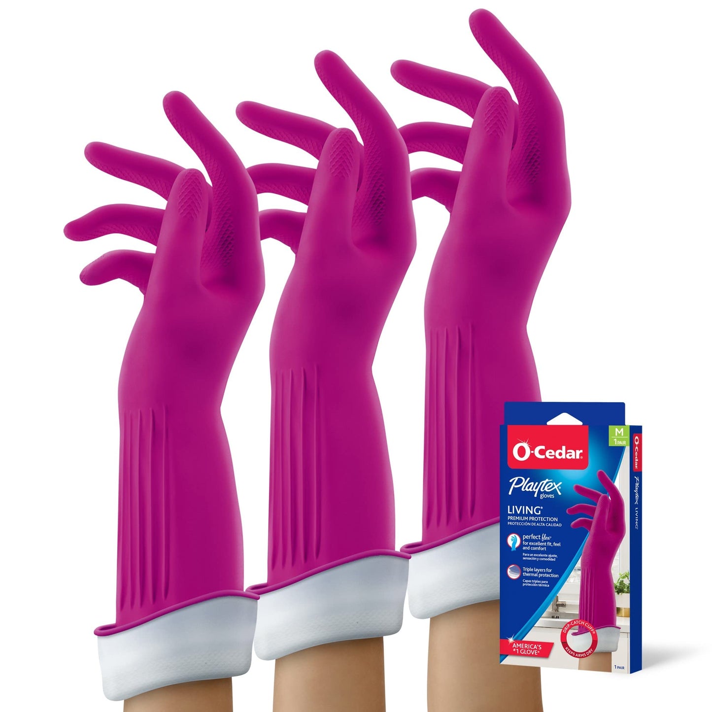 PLAYTEX Living Drip-Catch Cuff Reusable Rubber Gloves for Household Cleaning – Medium Size, 3-Pack