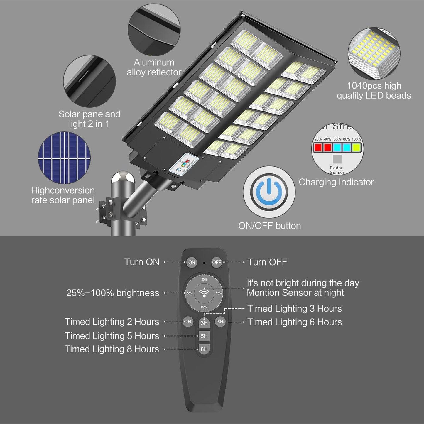 Deepn 8000W Solar Street Light, 480000 Lumens Dusk to Dawn LED Flood Lights Outdoor Motion Sensor, IP66 Waterproof Commercial Grade Solar Outdoor Lights with Remote Control for Parking Lot, 2 Pack