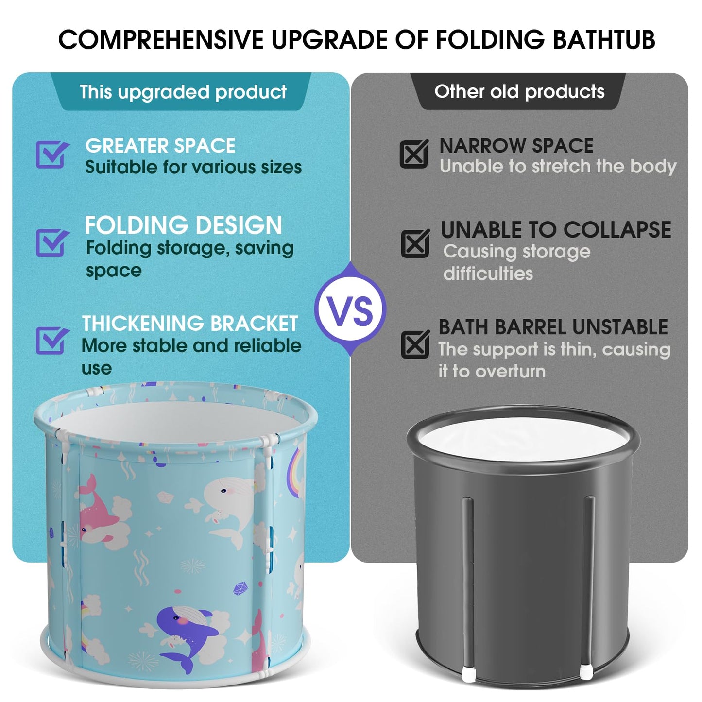 Portable Bathtub, Foldable Bathtub for Kids, Boys and Girls, Therapy Tub for Shower Stall Bathroom Fold Up Japanese Soaking Hot SPA Bath Tub, Outside Ice Bath 21.65''x23.62''(Ocean World Blue)