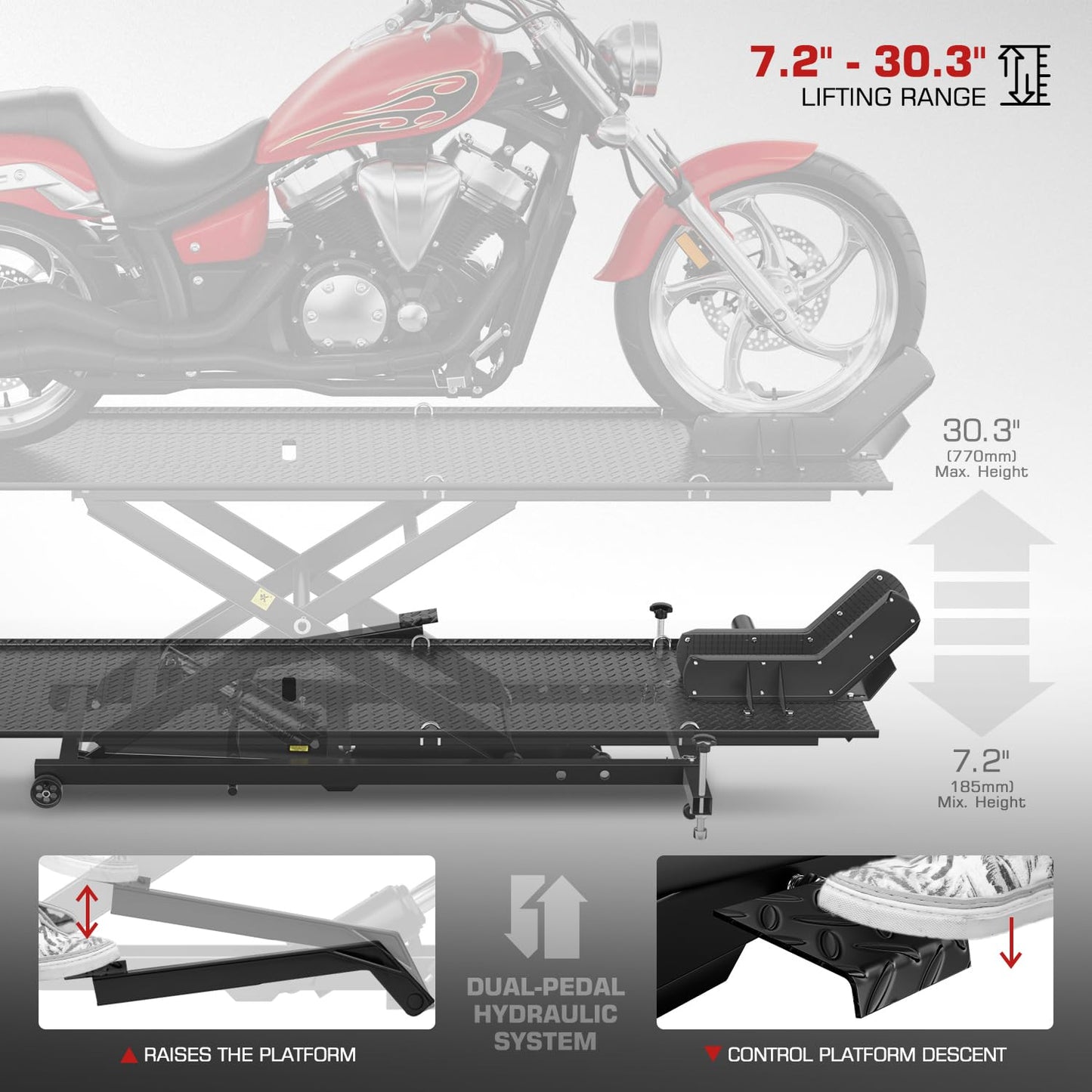 DNA Motoring Motorcycle Lift Table 1000lbs Capacity Motorcycle Support Stand L 86.2in x W 22in Motorcycle Lift Jack Lifting Range 7.2-30.3in Black TOOLS-00780