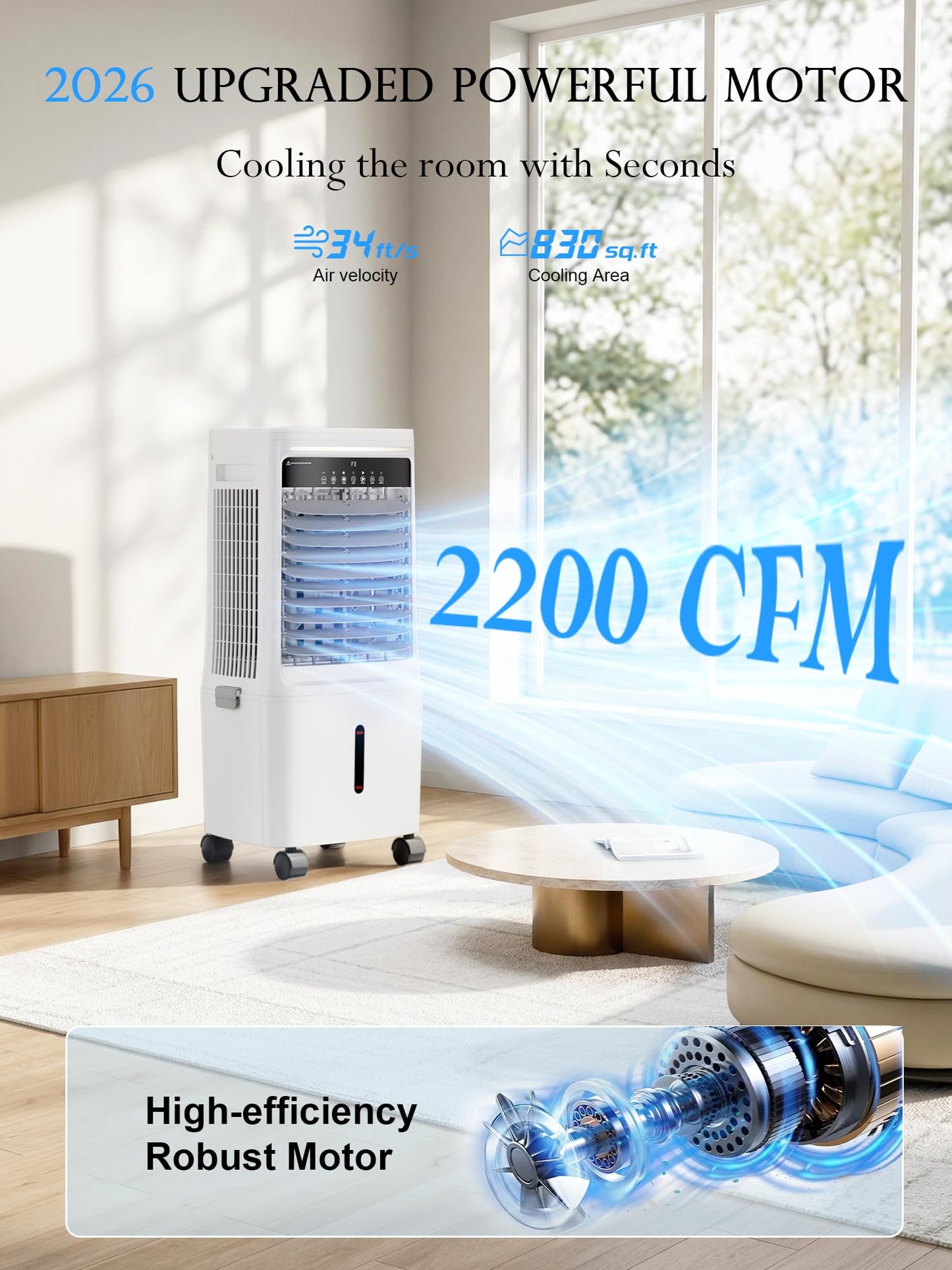 Uthfy 2200CFM Swamp Cooler Air Conditioner, Evaporative Cooler with Dual Water Tanks for 24H Cooling, 120° Oscillating, Ambient Light, 7 GAL Detachable Water Tank, 12H Timer, Portable AC for Bedroom