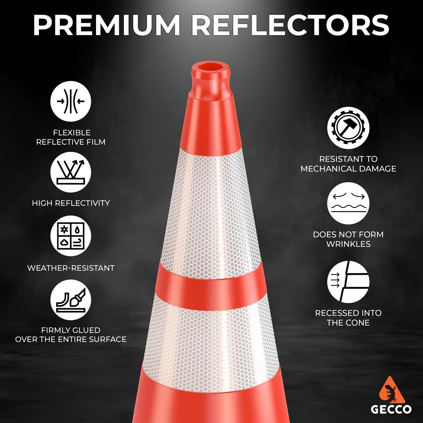 GECCO ™ (6 Pack) 28 Inch 7 Lb Heavy Duty Orange Traffic Cones Set | Durable Safety Cones, Orange Cones, Parking Cones, Construction Cones, Road Cones | PVC Plastic & Black Base - [PRO Series]