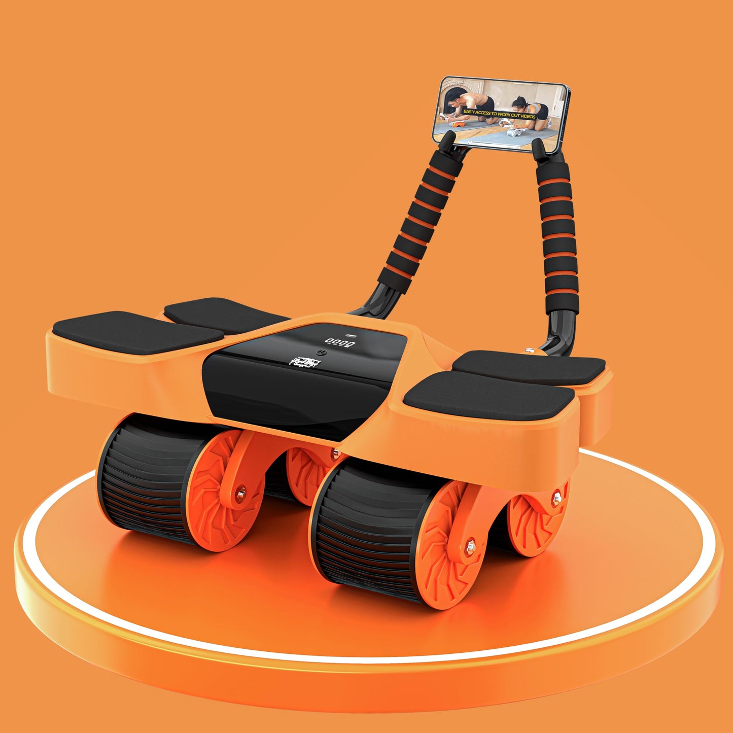 4-Wheel Abdominal Roller with Elbow Support: Latest Upgraded High-Performance Exercise Machine with Automatic Rebound, Multi-Layered Anti-Slip Design with Built-in Workout Tracker, Orange & Black