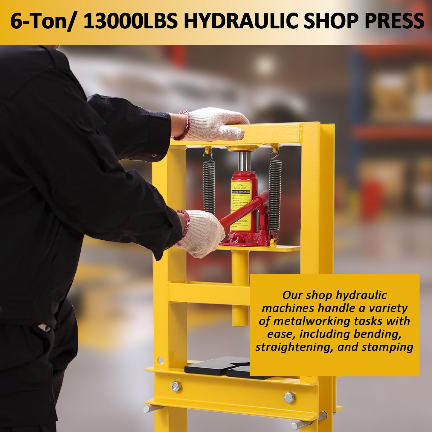 GarveeTech Hydraulic Press 6 T Hydraulic Shop Press, H-Frame Garage Floor Benchtop Press Adjustable Shop Press with Plates, Adjustable Working Table Height, for Gears and Bearings, Yellow