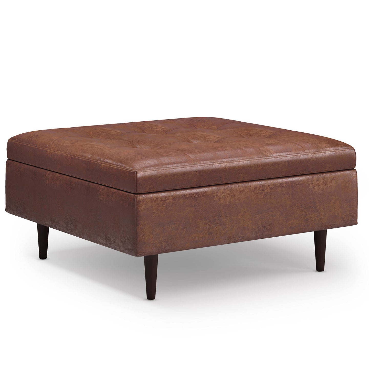 SIMPLIHOME Shay Coffee Table Storage Ottoman - 38 inch Wide Upholstered Vegan Leather Large Square Ottoman in Distressed Saddle Brown, Mid-Century Modern Tufted Ottoman for Living Room with Lift Top