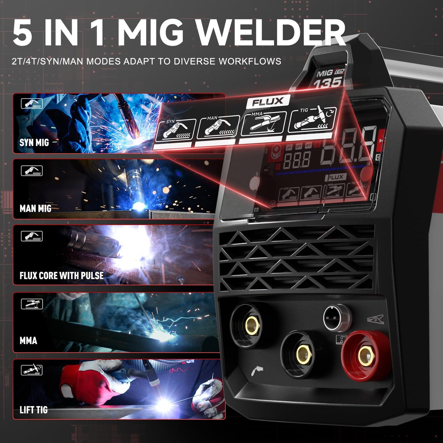 ANDELI 135A MIG Welder 110V/220V, PULSE Flux Core MIG/Lift Tig/Stick 3-in-1 Gasless MIG Welding Machine with Synergy，Large LED Display,2T/4T Full Kit (Bonus Welding Helmet & Gloves)