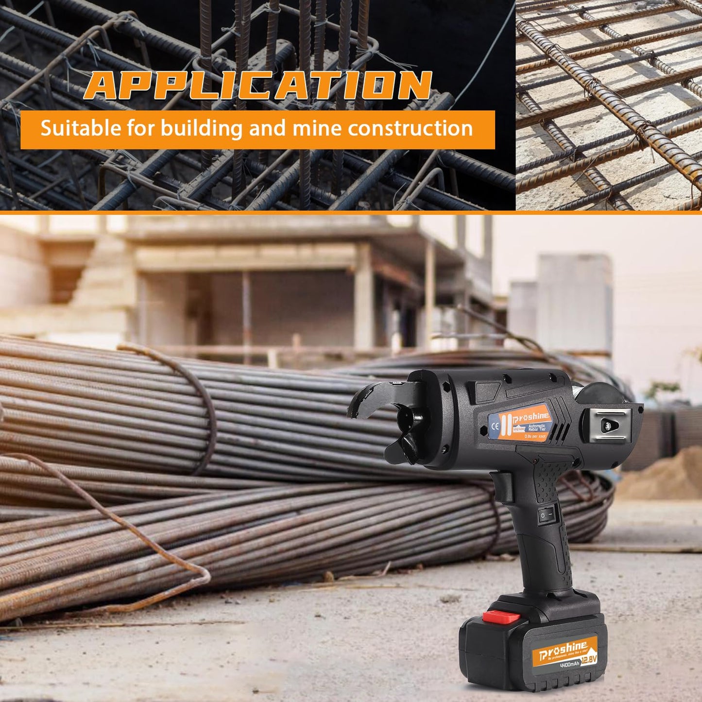 Proshine Automatic Rebar Tier 0.3"-1.3" Rebar Tie Rebar Tying Gun + 4400mAh Rechargeable Battery + 2PCS Rebar Tie Wire Rebar Tier Tying Machine 0.8S a Knot