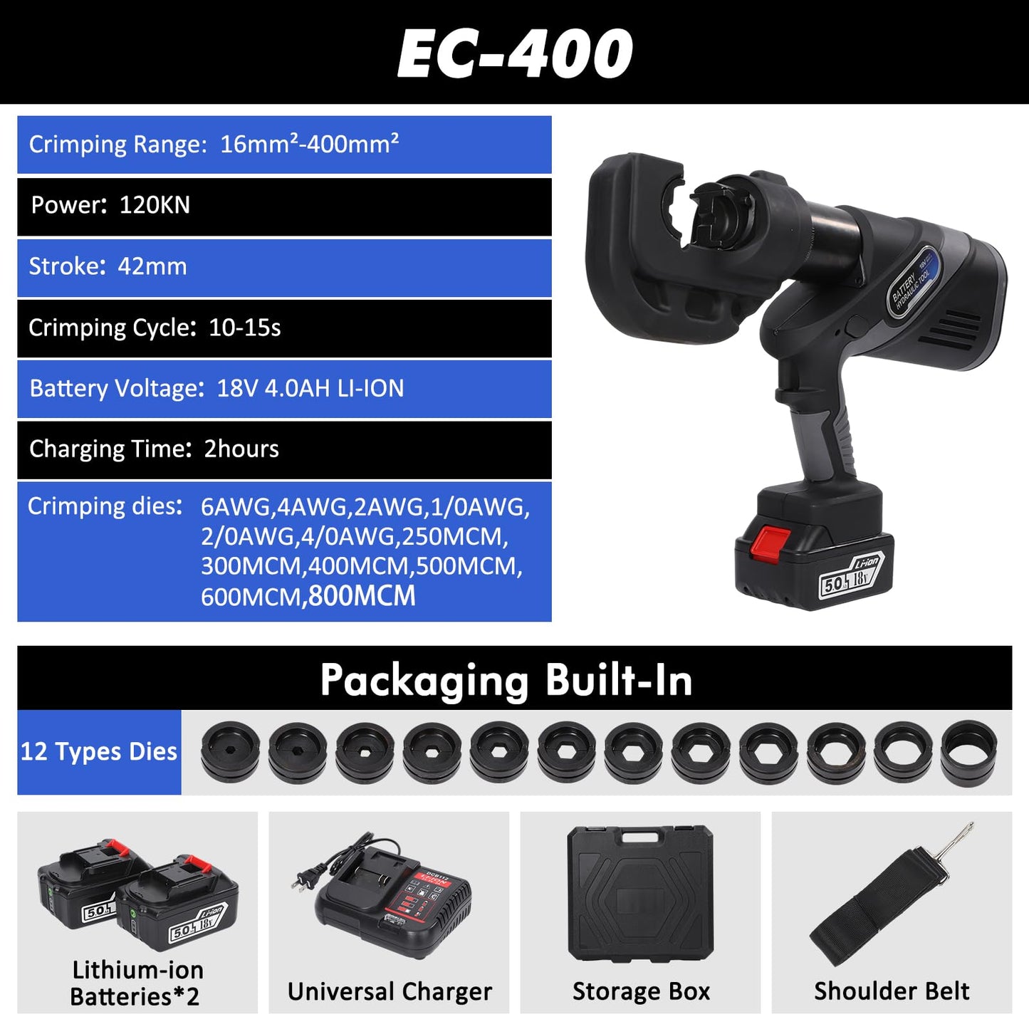 Loriven Electric Crimping Tool Rechargeable for Crimps Cu/Al Terminal 12 Ton 6AWG to 800MCM with 12 Dies Efficiency and Safety Non-Serrated lug crimper Tool(EC-400)
