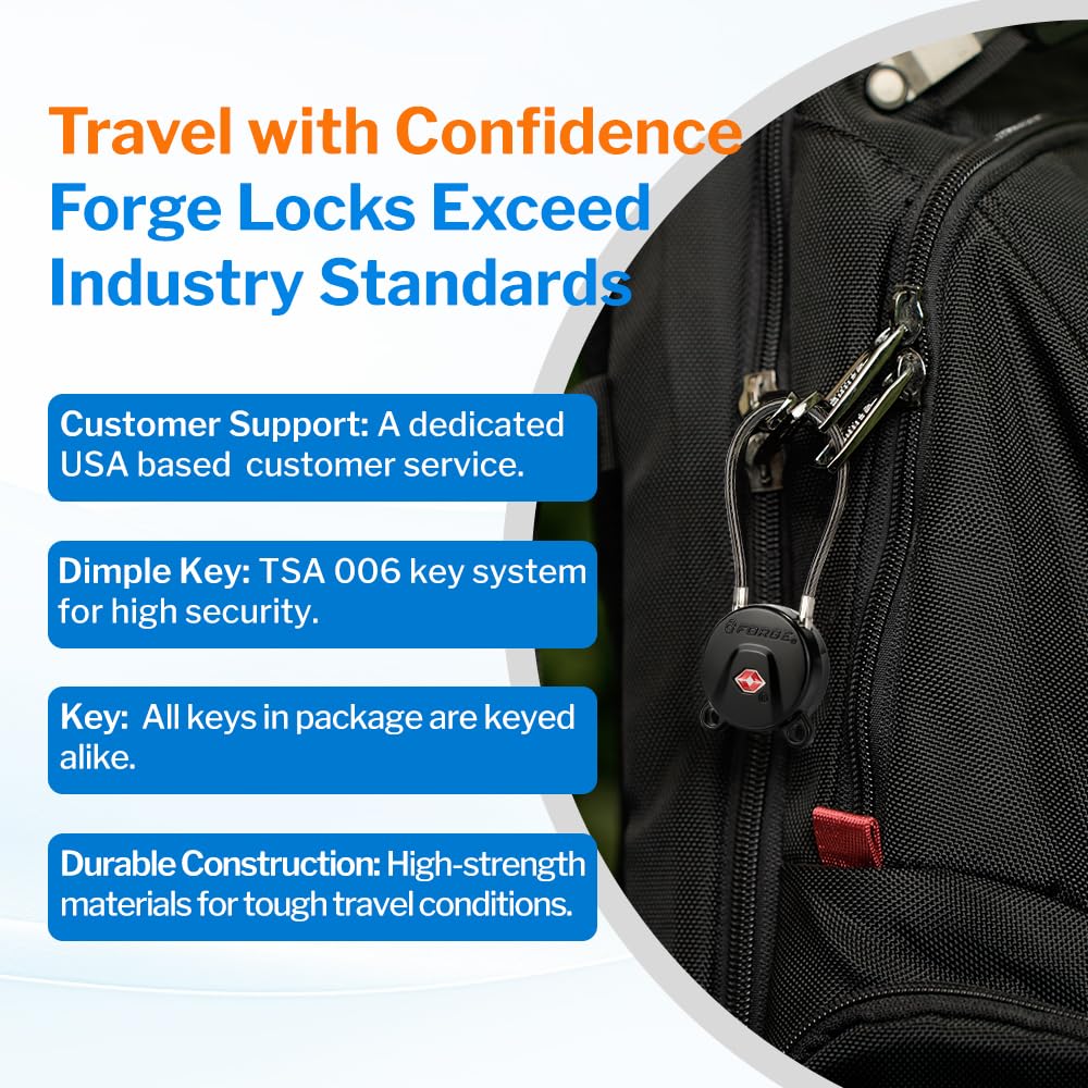 FORGE TSA Approved Luggage Locks Keyed Alike, TSA006 Dimple Key Travel Lock with Zinc Alloy Metal Body, Secure Cable Lock for Suitcase, Backpack, Luggage & Toolbox, Black 2 Pack.