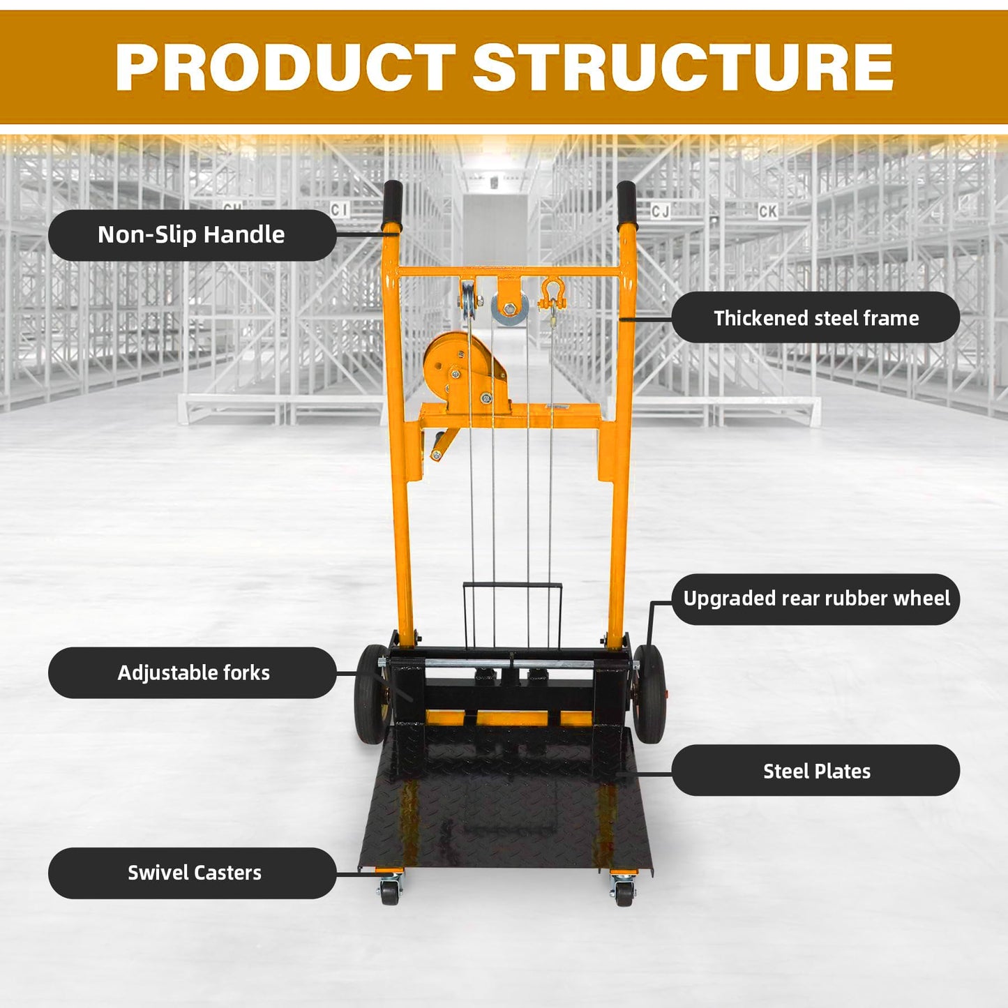 APOLLOLIFT Material Lift Winch Stacker, 440 lbs Capacity 35.4" Lifting Height, Manual Stacker Pallet Jack Truck Dolly with Swivel Casters and Lift Plate