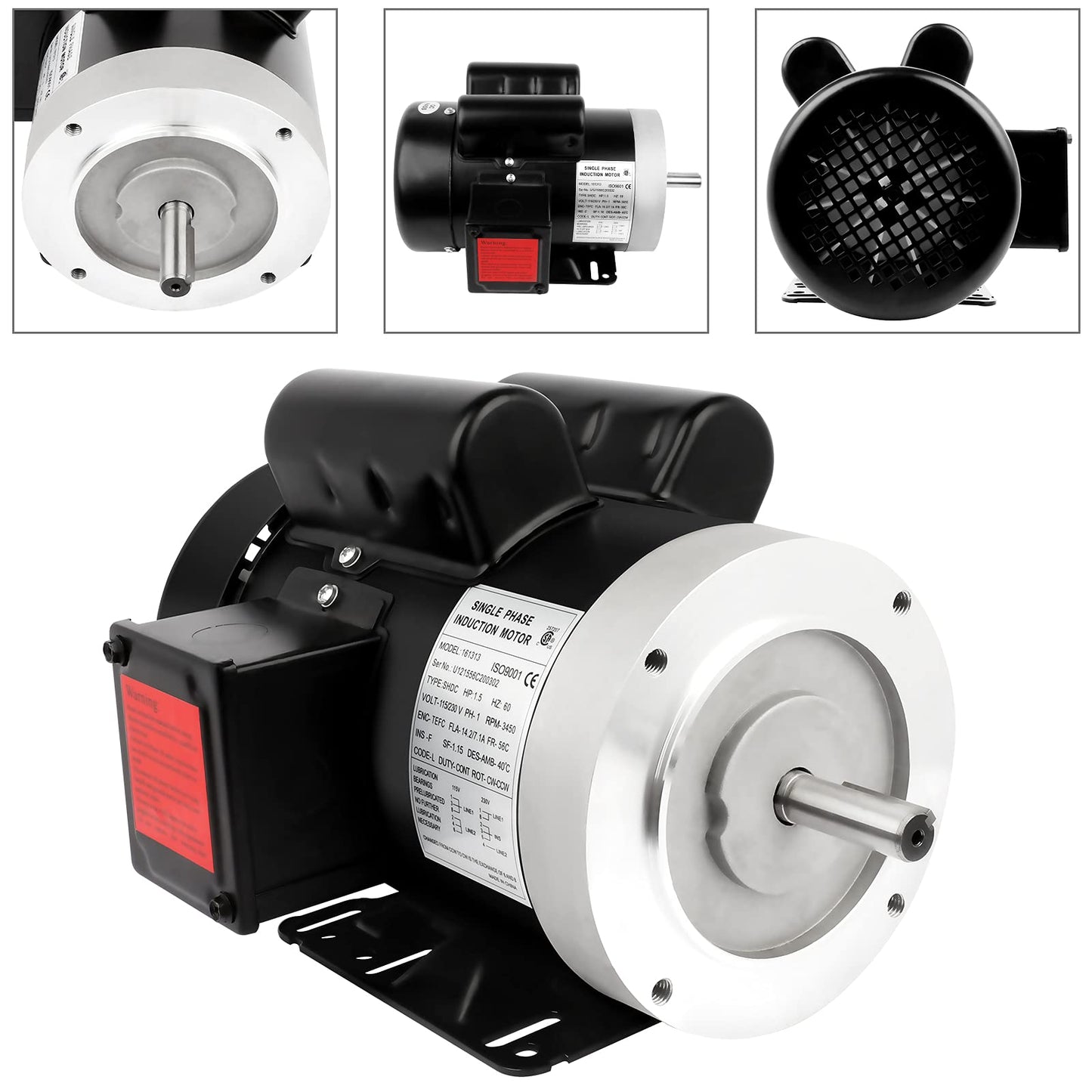 1.5HP Electric Motor 3450RPM Reversible Single Phase 56C Frame General Purpose Motor for Agricultural Machinery General Equipment 5/8" Shaft Diameter TEFC 115/230V