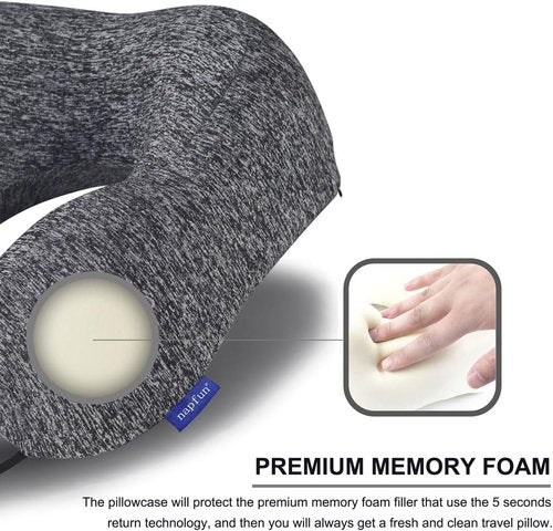 Napfun Travel Neck Pillow - Upgraded 100% Pure Memory Foam for Airplane Comfort | Portable Grey Headrest
