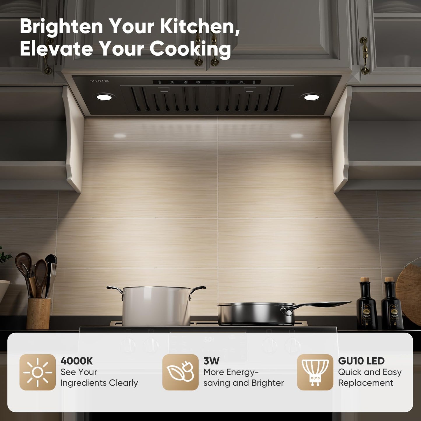 VIKIO HOME Black Built-in/Insert Range Hood 30 Inch, 980 CFM Hood Vent for Kitchen, Ducted/Ductless Convertible Duct, Stainless Steel Kitchen Vent Hood with Gesture & Touch Control, 2 Baffle Filters