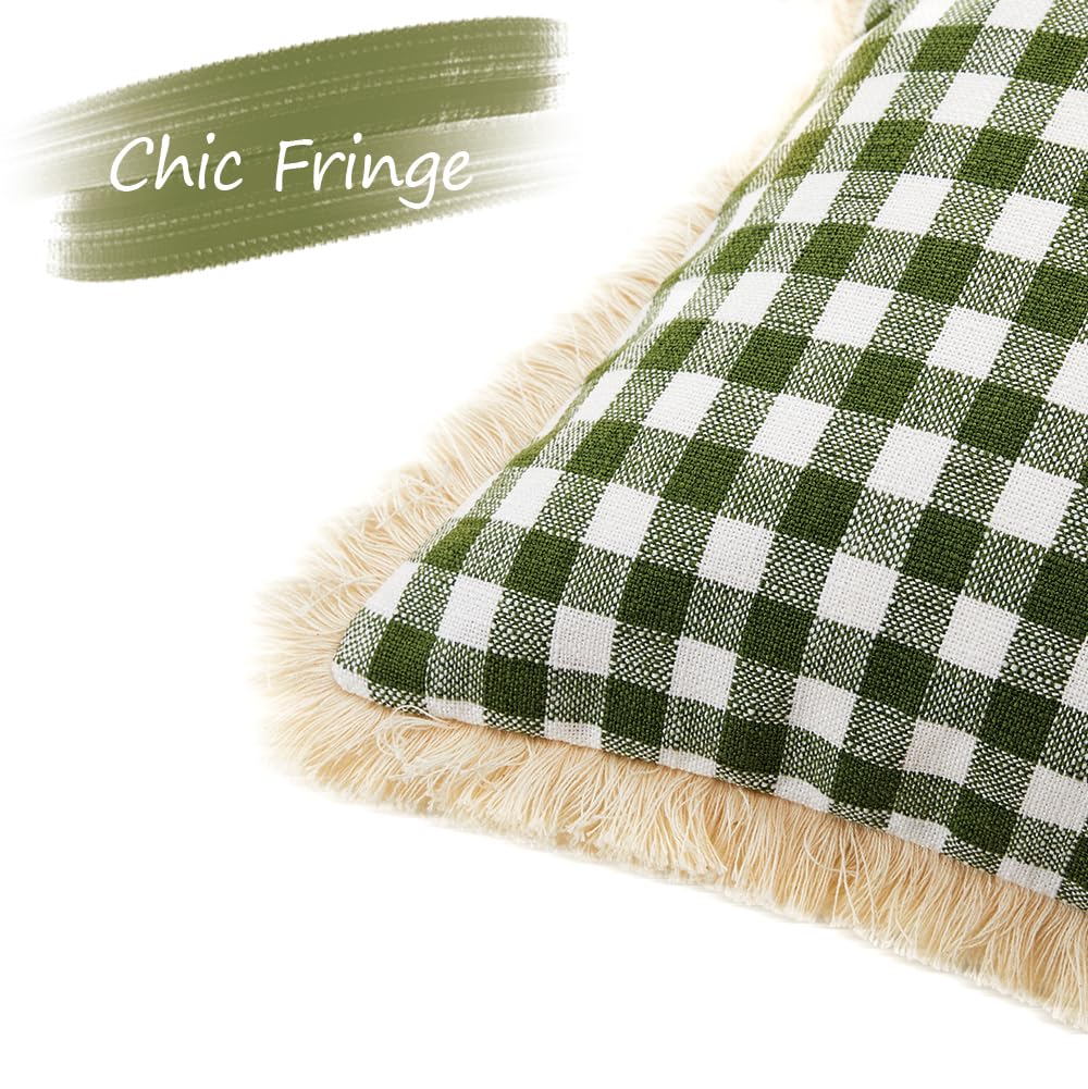 18x18 Spring Sage Green Gingham Farmhouse Pillow Covers with Ruffle Trim