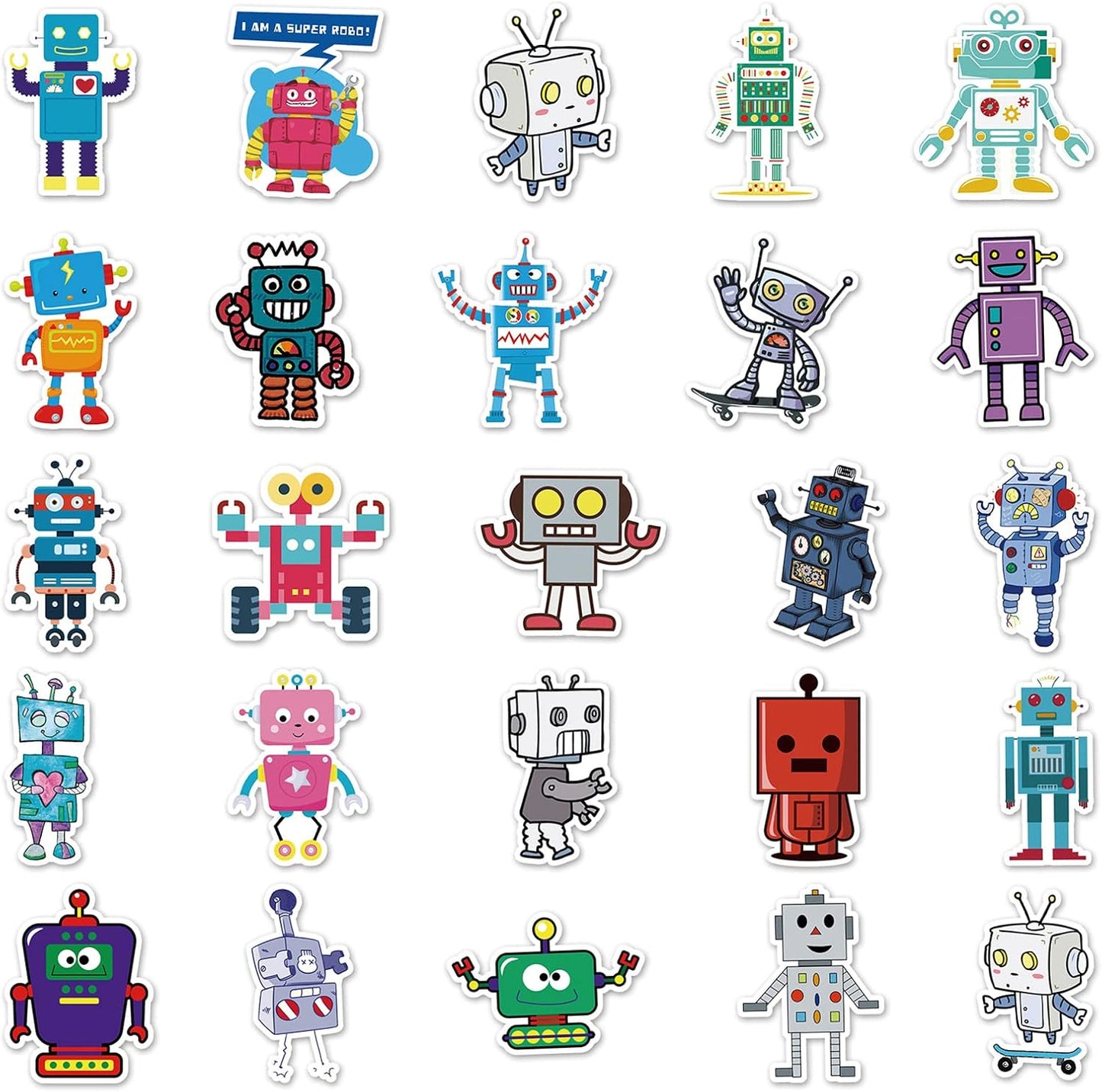 50Pcs Cute Robot Stickers, Science Theme Vinyl Waterproof Decals for Computer Skateboard Laptop Water Bottle Luggage