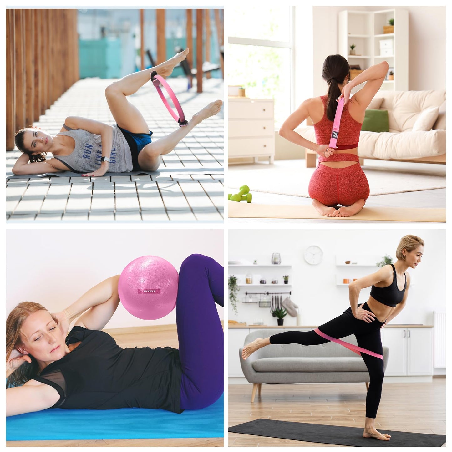 RitFit Pilates Kit - 14 Inch Pilates Ring Magic Circle with Pilates Ball, Resistance Bands & Yoga Strap, Pilates Equipment for Home Workout Toning Thighs, Arms and Core (Pink)
