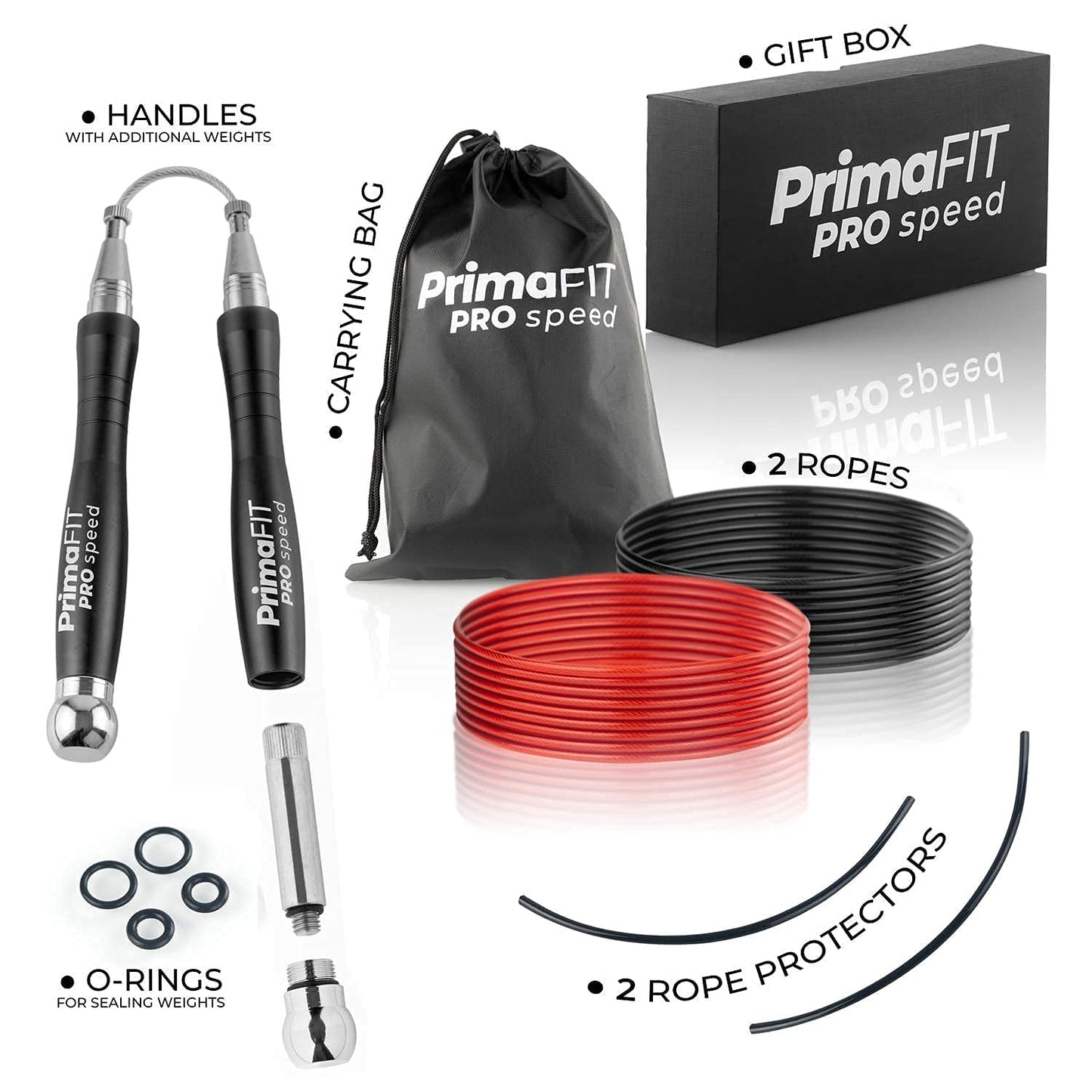 PrimaFIT Jump Rope Pro Speed Skipping Rope Adjustable Adult Jumping Rope Weighted Aluminium Handles for Double Dutch Boxing Workout Crossfit Exercise Fitness Spare Cable Weights Protectors Carry Bag