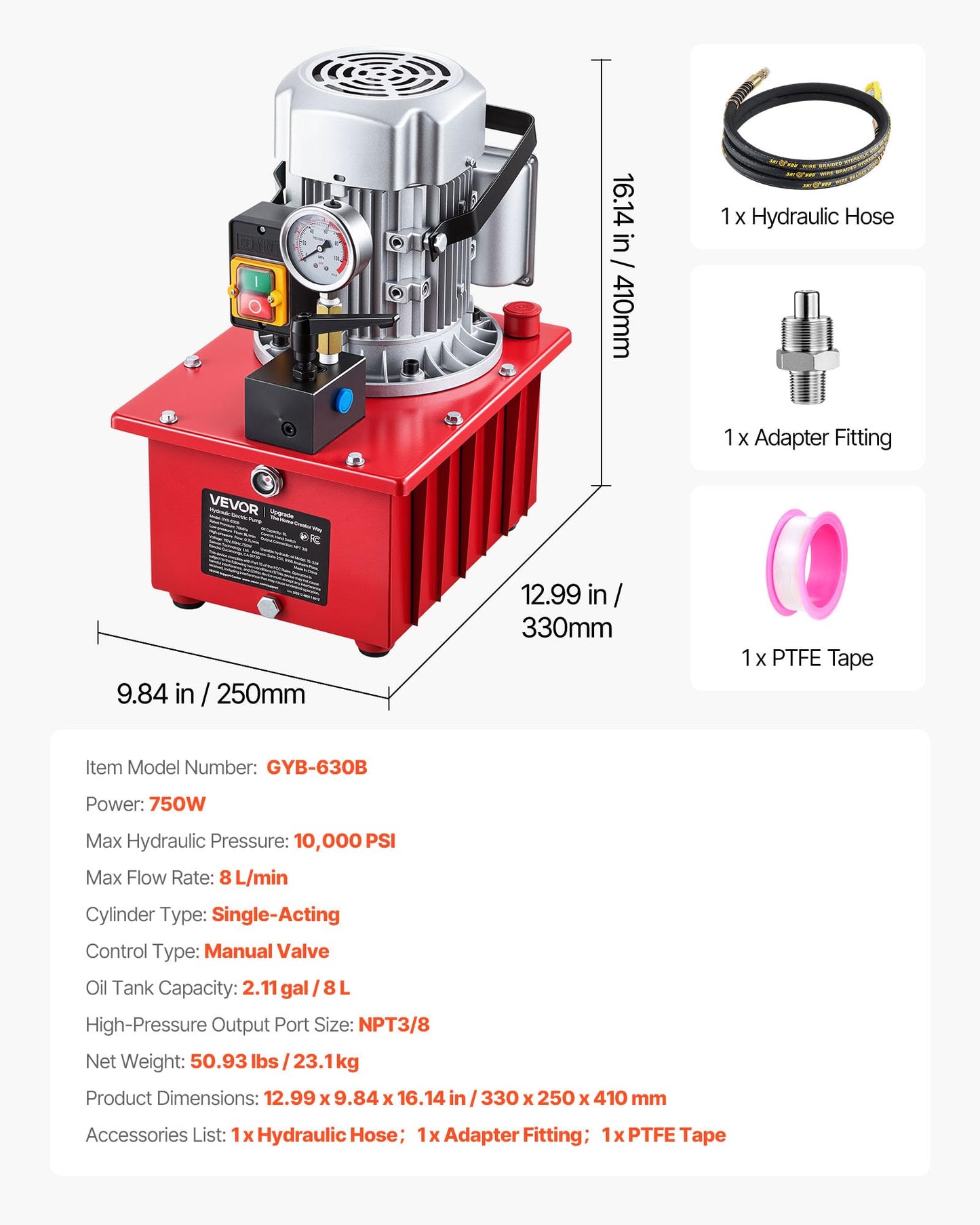 VEVOR Electric Hydraulic Pump, 750W 10,000 PSI, 120V Single Acting Electric Driven Hydraulic Pump Power Pack Unit, with Manual Valve, 2.1 Gallon / 8L, for Punching, Bending, Single Acting Cylinders