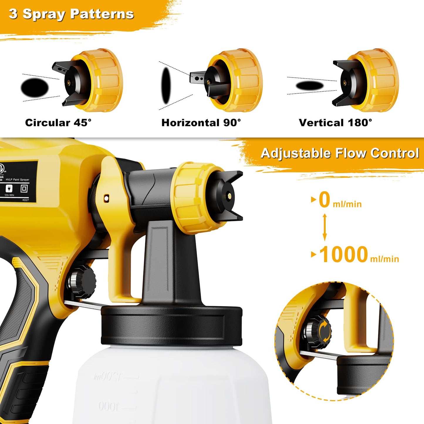 KOVDON Paint Sprayer, 700W HVLP Spray Gun, 6 Copper Nozzles & 3 Spray Patterns, Easy to Clean, Ideal Spray Gun for Furniture, Cabinets, Fences, Decks, Walls, DIY Projects, etc. KD27 Yellow