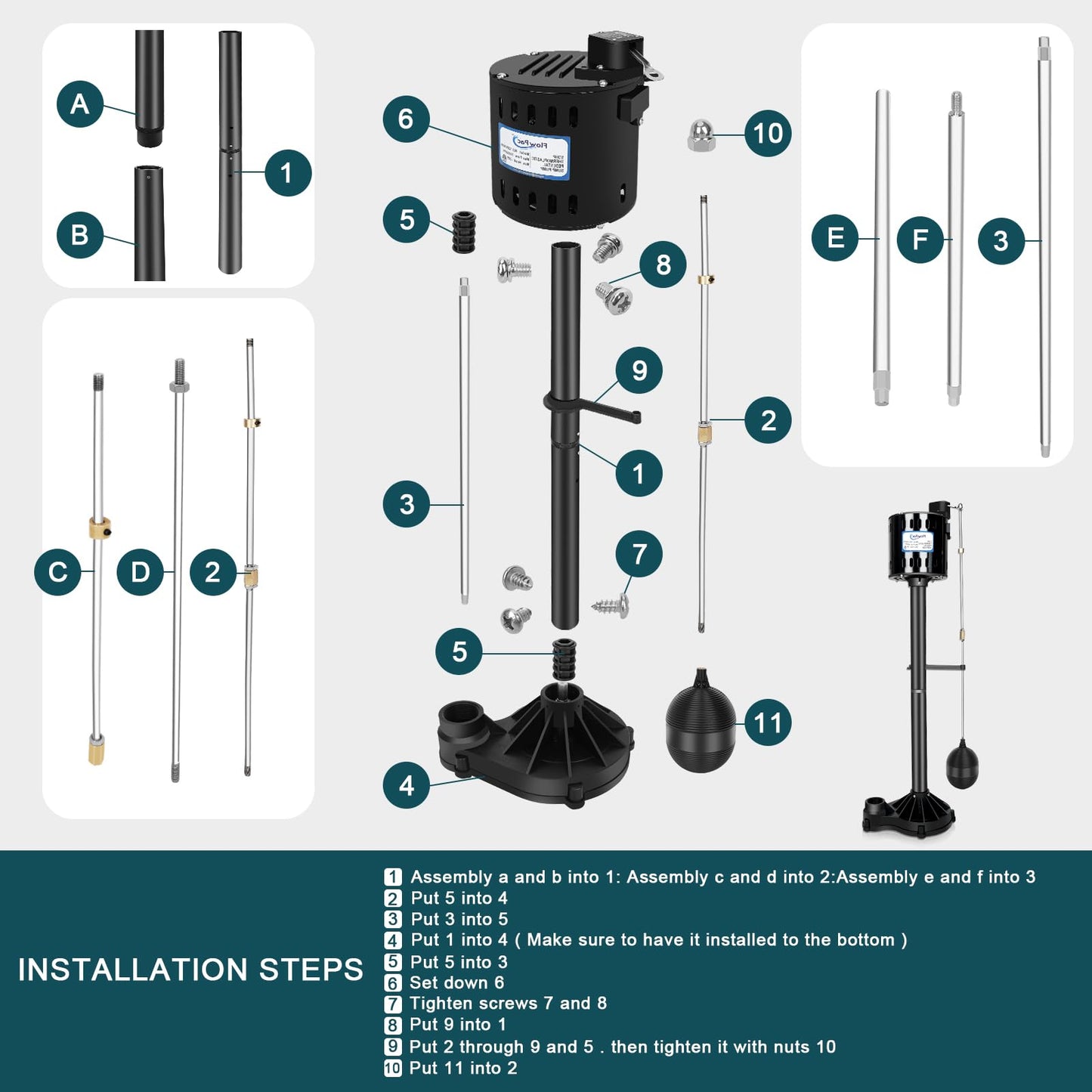 FLOWPAC Pedestal Sump Pump with Vertical Float Switch, Thermoplastic Pedestal, Stainless Steel Impeller, 1/3 HP, 45 GPM-Black