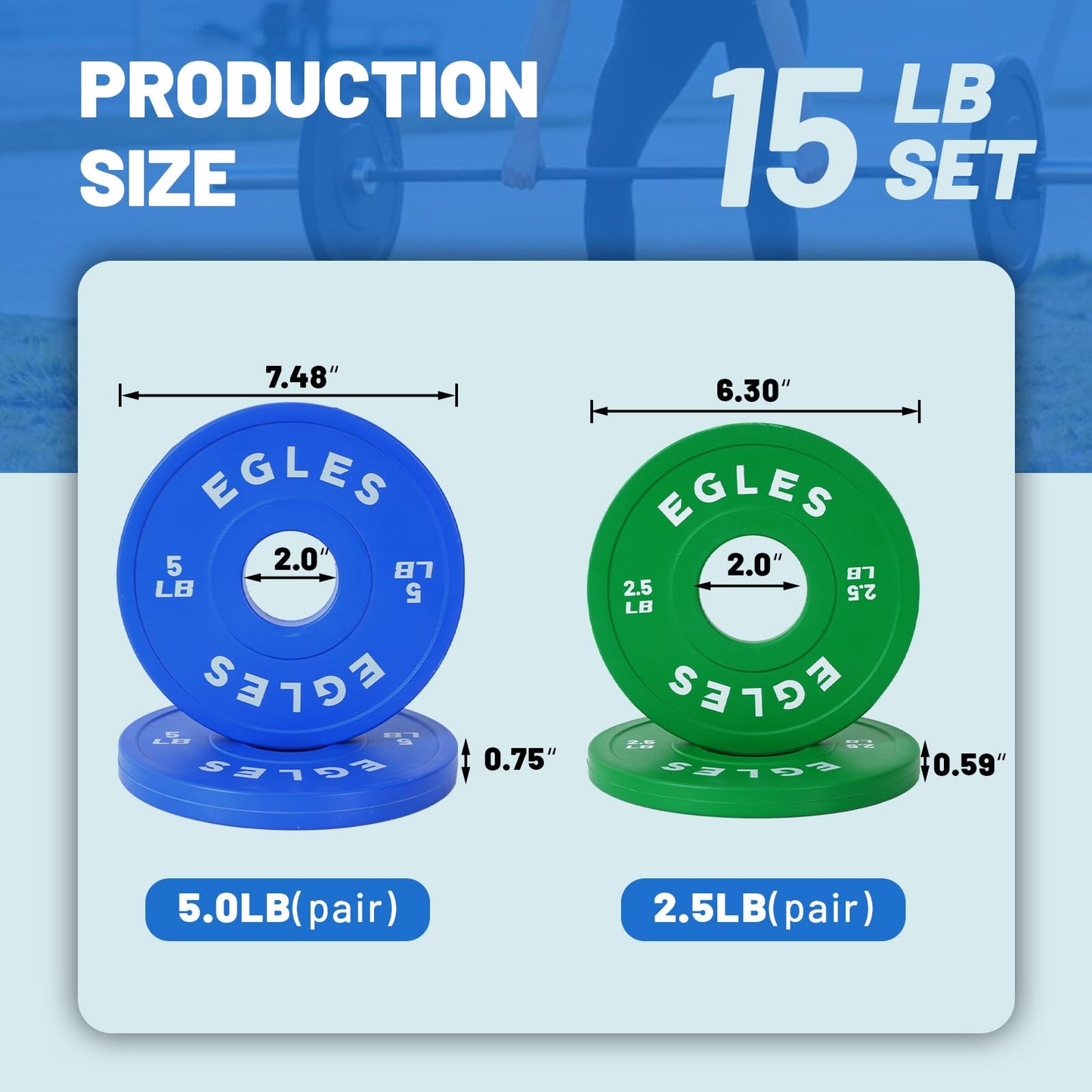 EGLES Change Plates Set 15LB- Green&Blue Rubber-Coated Weight Plates in Pairs, Olympic Bumper Plates, Color-Coded, IWF Standard, Fit 2-Inch Barbells Strength Training Weight Plates Gym & Fitness