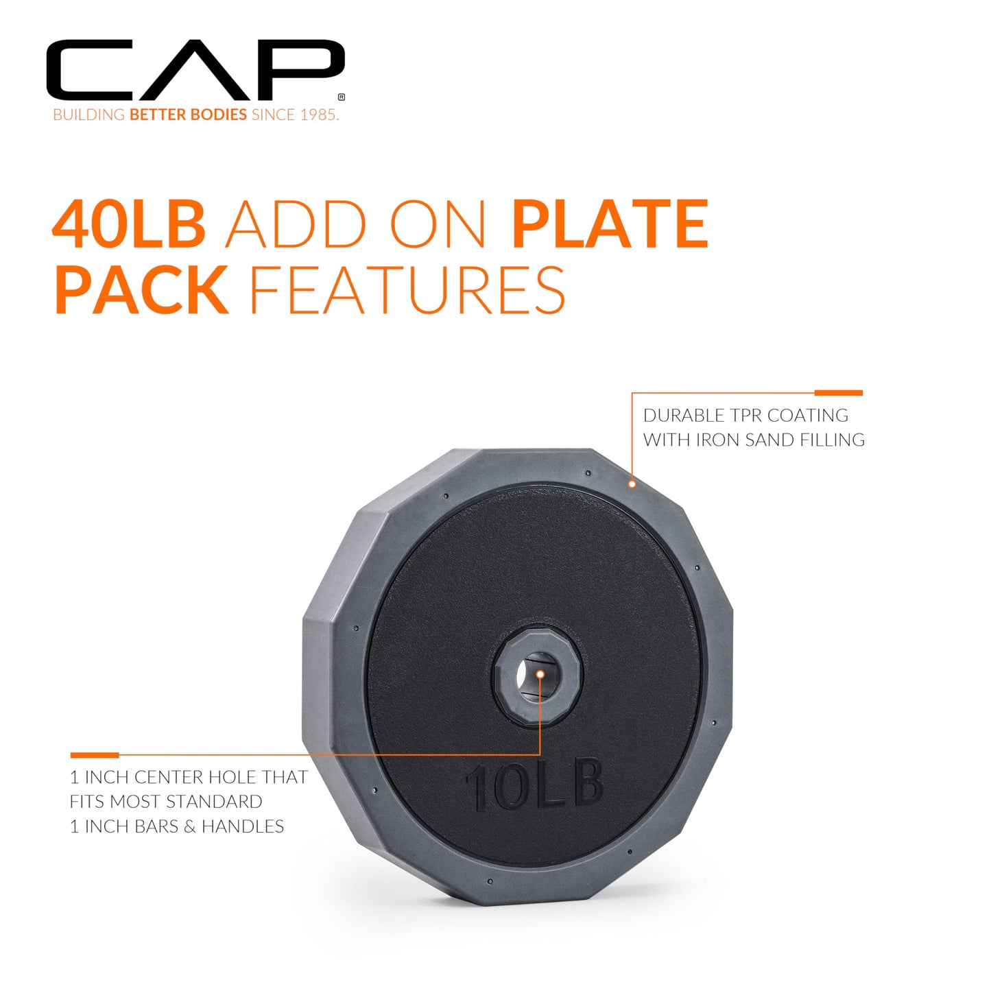 CAP Barbell 40 LB Add-On Plate Pack | Four 10 LB Standard Plates, TPR-Coated Iron Sand Filled Weight Plates | Fits 1-Inch Bars & Adjustable Dumbbell/Barbell Sets