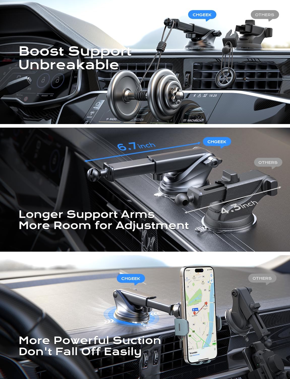 CHGeek 15W 15 14 13 12 11 S24 S23 S22 S21, S20, S10+, Wireless Car Charger, Fast Charging Auto Clamping Car Charger