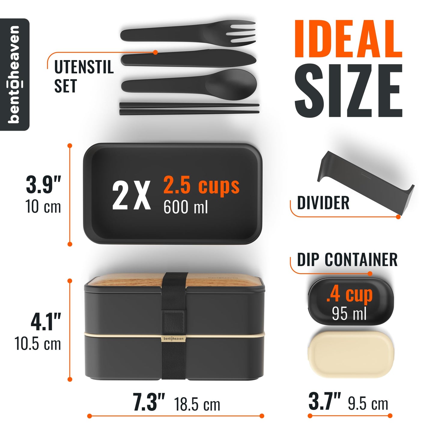 Bentoheaven Premium Bento Box Adult Lunch Box with Compartments for Women & Men, Set of Utensil & Chopsticks & Dip Container, Cute Japanese Kids Bento Lunch Box, Microwavable (Symph Onyx)