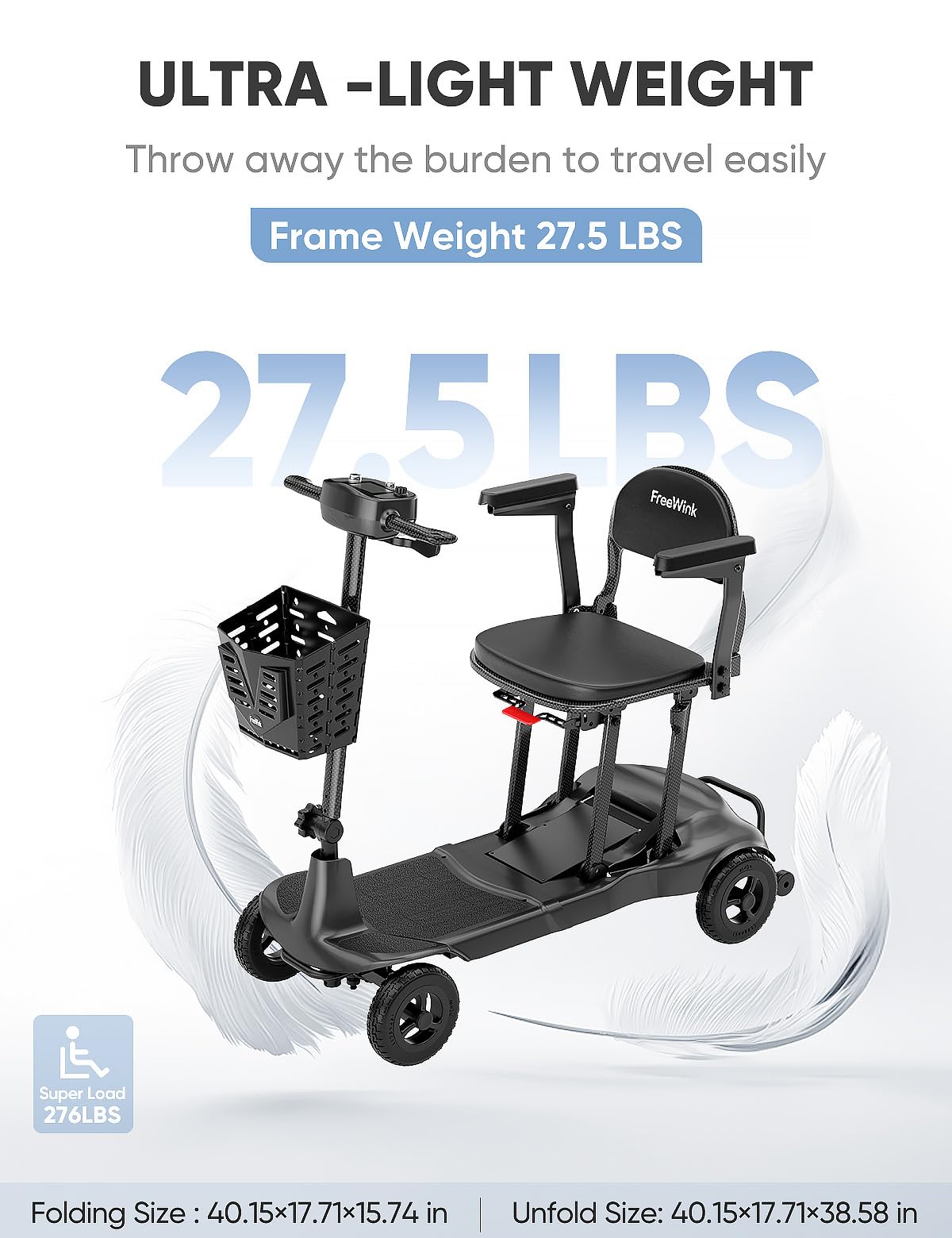 Mobility Scooters for Adults & Seniors - Ultra Lightweight 27.5 lbs Carbon Fiber Folding Electric Scooter - Airlines Approved All-Terrain Portable Scooter with Basket and Charger Included-Carbon Black