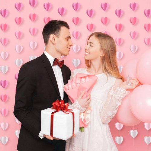 Epakh 12 Pcs Valentines 3D Heart Garland Banners 57ft Hanging Paper Heart Streamers Valentines Wall Decorations Party Decor Supplies for Galentines Wedding Classroom Birthday(Gradient Pink)
