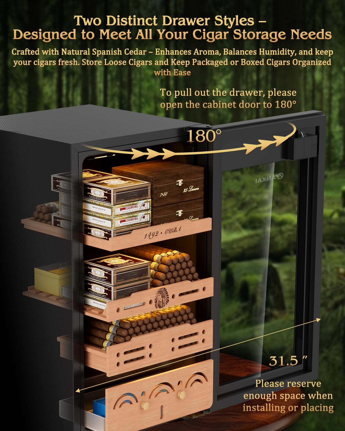 Electric Cigar Humidor Cabinet up to 600 Cigars, Temperature & Humidity Control System-75L Cooling Fridge with Cedar Wood Shelves Digital LED Screen Fingerprint Safety Lock Home & Commercial Use