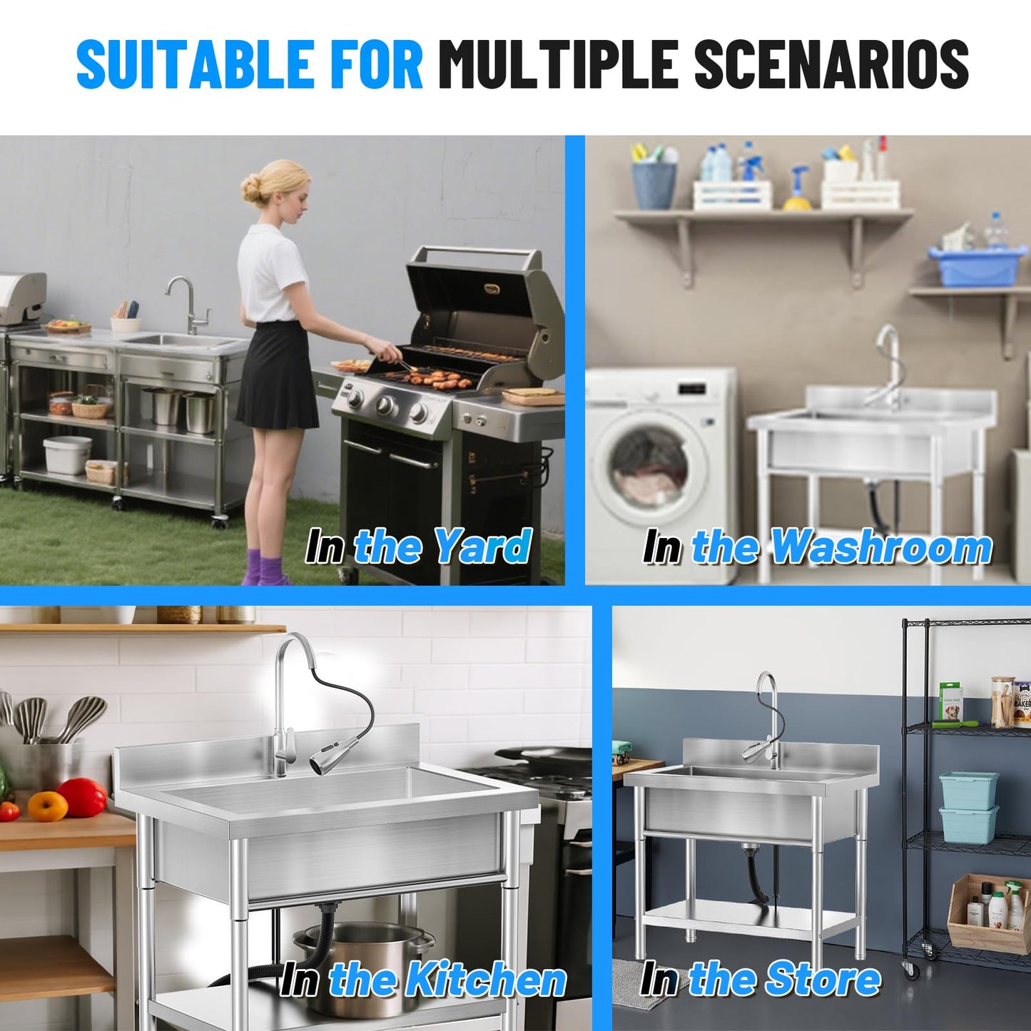 Stainless Steel Utility Sink, 39.5" × 23.6" Freestanding Sink with 360° Retractable Cold and Hot Water Faucet,Hoses and Drain Kit for Kitchens, Bathrooms, Garage, Laundry Room