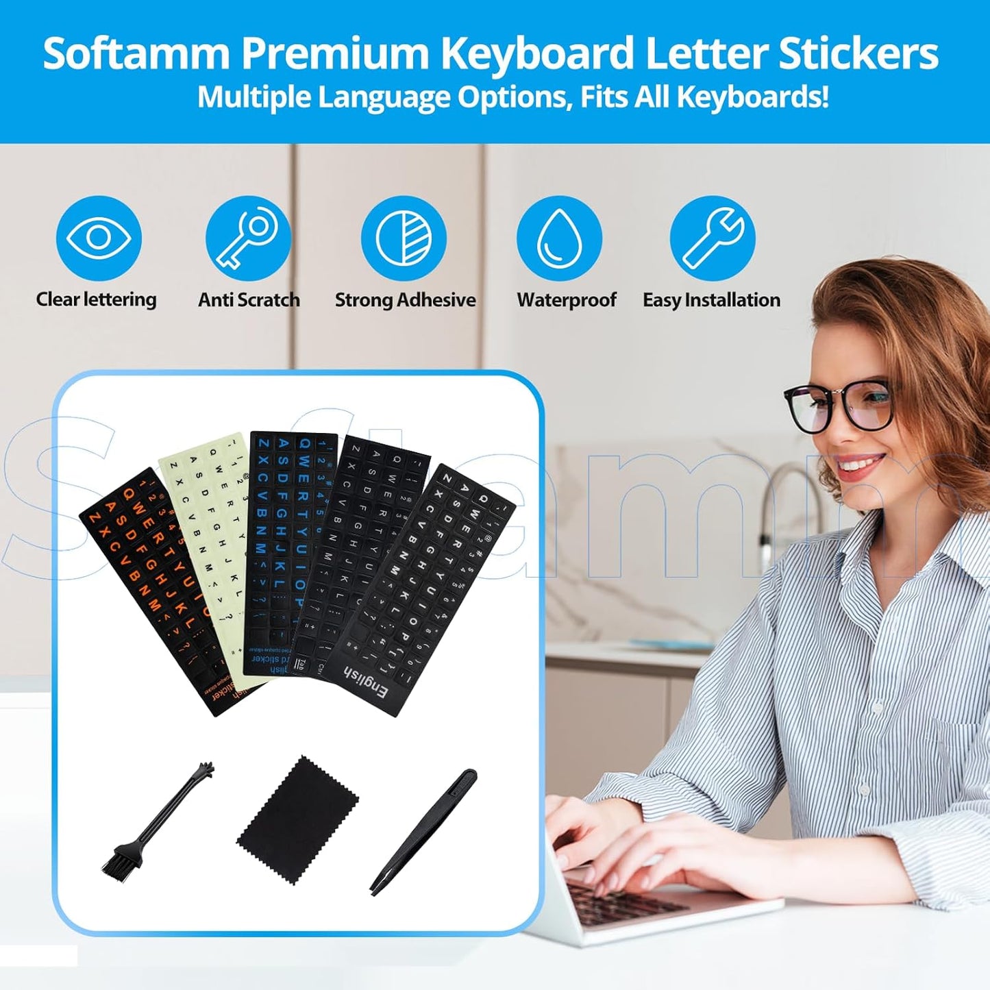 Softamm Stickers,[5 1] English Keyboard in Replacement English Keyboard Letters Sticker with White Font on Black
