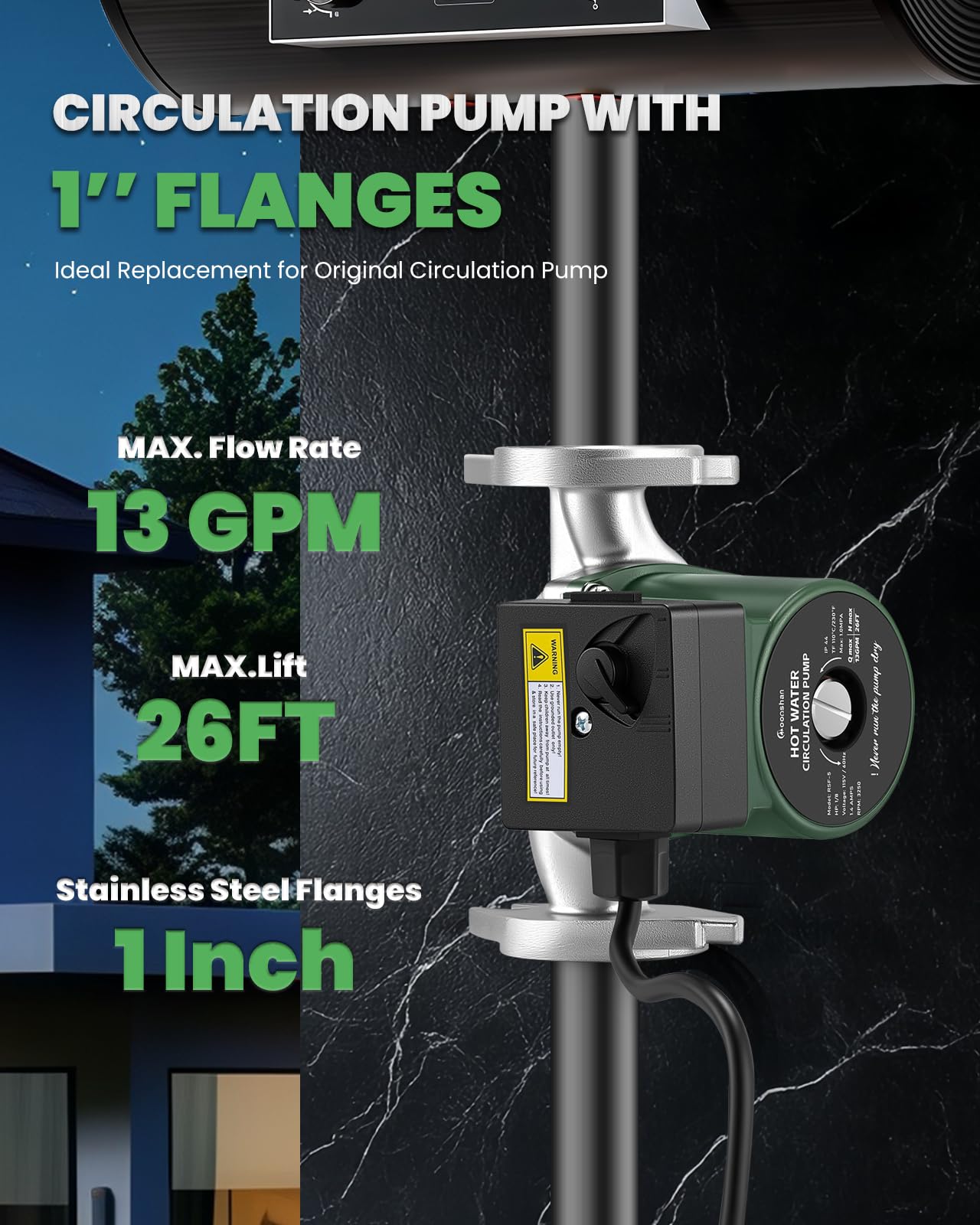 Moonshan 110V Hot Water Recirculating Pump, Stainless Steel Circulator Pump with 1" NPT Flanges, 3 Speed Control for Water Heaters, Boiler and Hydronic Radiant Heating 13GPM, 10FT Cord