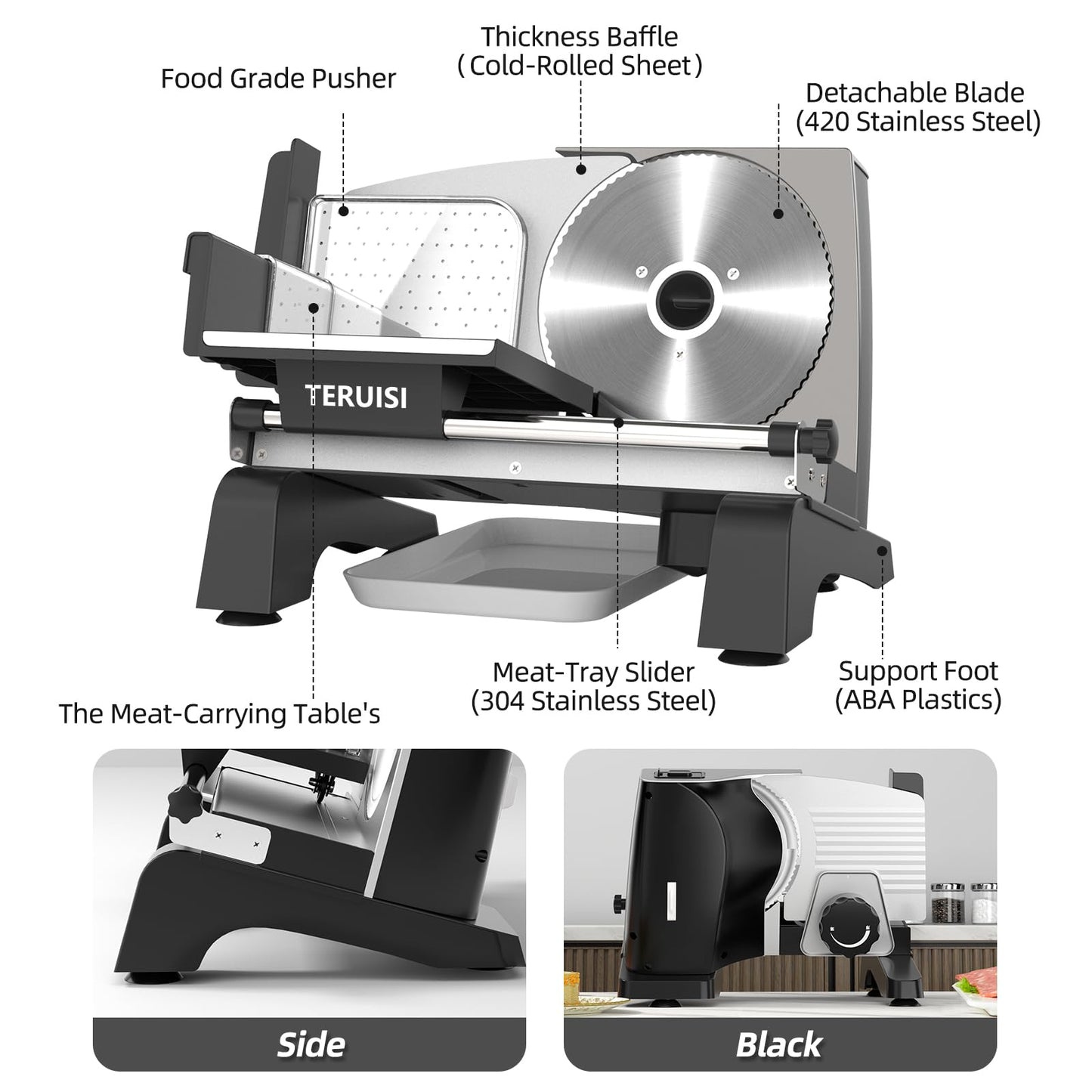 TERUISI Electric Meat Slicer, 200W Deli Slicer with 2 Stainless Steel 7.5" Blades, 0-18mm Adjustable Thickness, Food Slicer Machine with Food Tray, Towel for Home, Bacon, Bread, Jerky, 110V Ham Slicer
