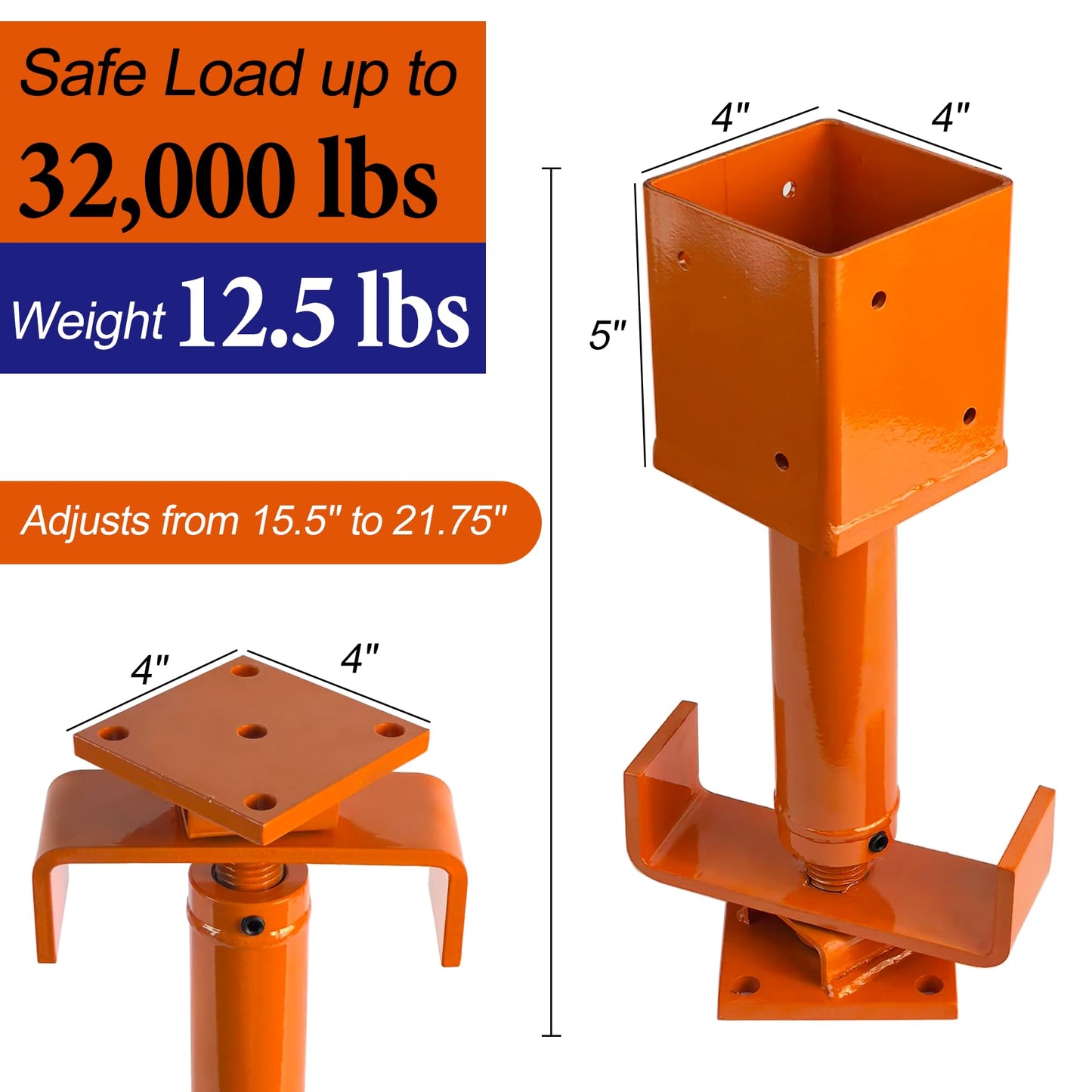 4" x 4" Adjustable Screw Jack Post, 15.5"-21.75" Height Range Shore House Jacks, Basement Floor Jacks for Leveling & Lifting, Structural Support, Joist Stabilization, 32,000 lb Max Load Capacity, 2PC