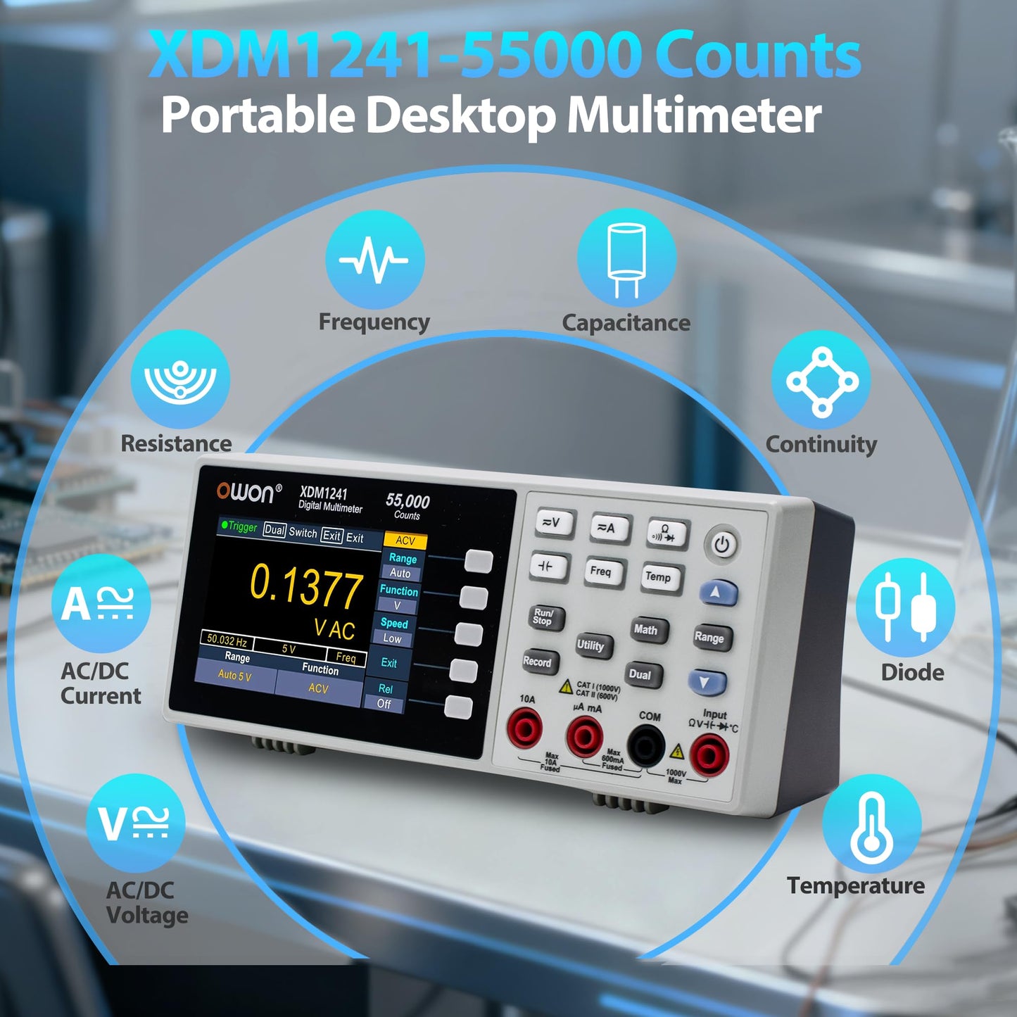 XDM1241 Digital Multimeter Tester 10A AC/DC Current and 1000V DC Voltage Tester, Resistance, Frequency, Capacitance, Diode, Continuity, 3.5 inch LCD Bench Multimeter