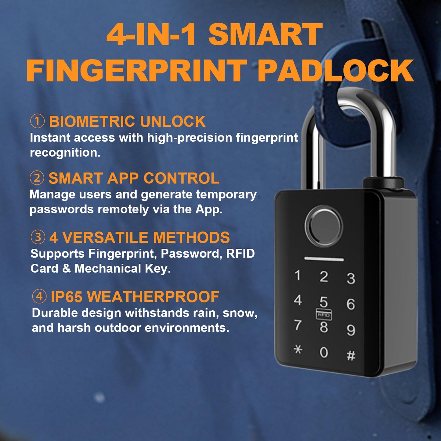 Heavy Duty Smart Fingerprint Padlock with Key, Bluetooth Outdoor Gate Lock IP66 Waterproof, 5 Ways Unlock Smart Gate Lock for Fence Gate Pool Shed Gym Lock Storage, Locker, Tuya App (Gray)