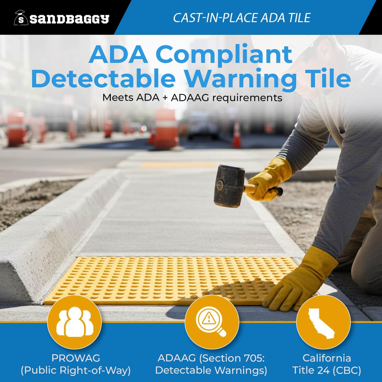 Cast-in-Place ADA Tile (24" x 24") - Truncated Domes - Sandbaggy (2' x 2' ADA Tile, 1, Count)
