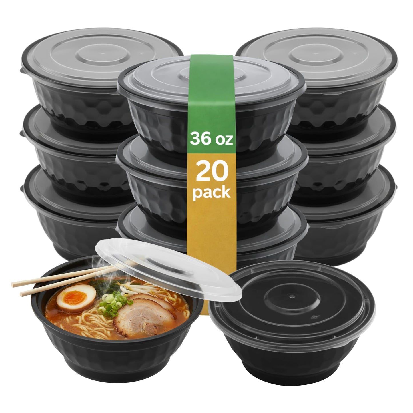 ProTakeOut, 36 oz, 20 Sets, Black Microwaveable Noodle Bowls with Lids Durable, Reusable & Leak-Resistant Food Containers | Microwave & Freezer Safe
