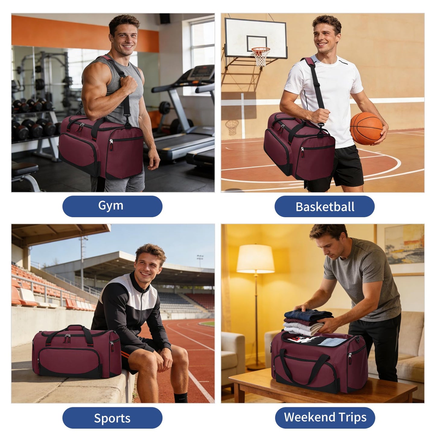 LONALIA 45L Gym Sport Duffle Bag - 20 inch Weekender Overnight Bag for Travel, Workout, Fitness, Training (Maroon-45L)