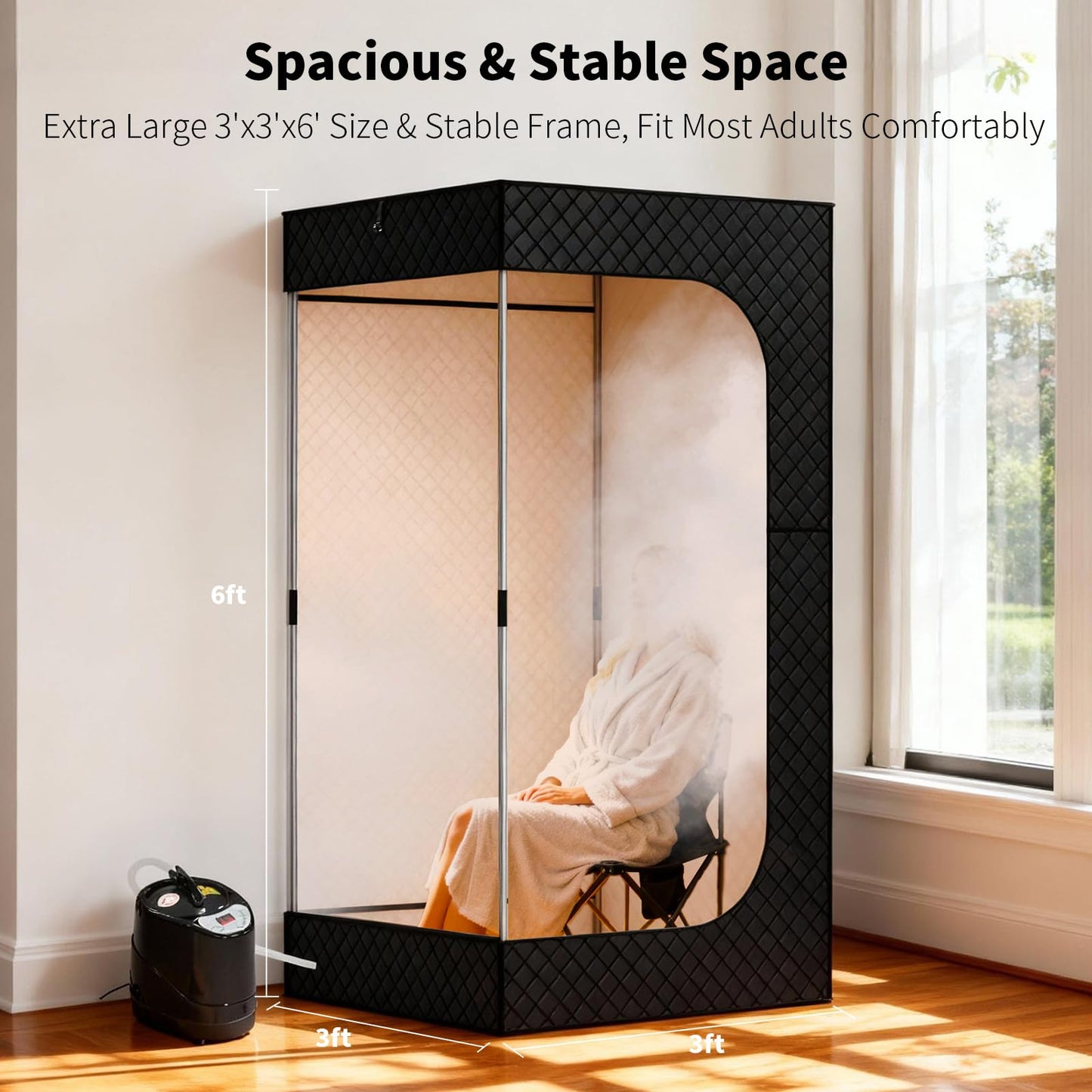 Dikutar Sauna Box - Portable Sauna for Home with Upgraded 3L 1500W Steamer, Folding Chair and Non-Slip Mat for Relaxation Spa, 5-Layer Waterproof and Insulated Steam Tent, 3x3x6ft, Larger (Black)