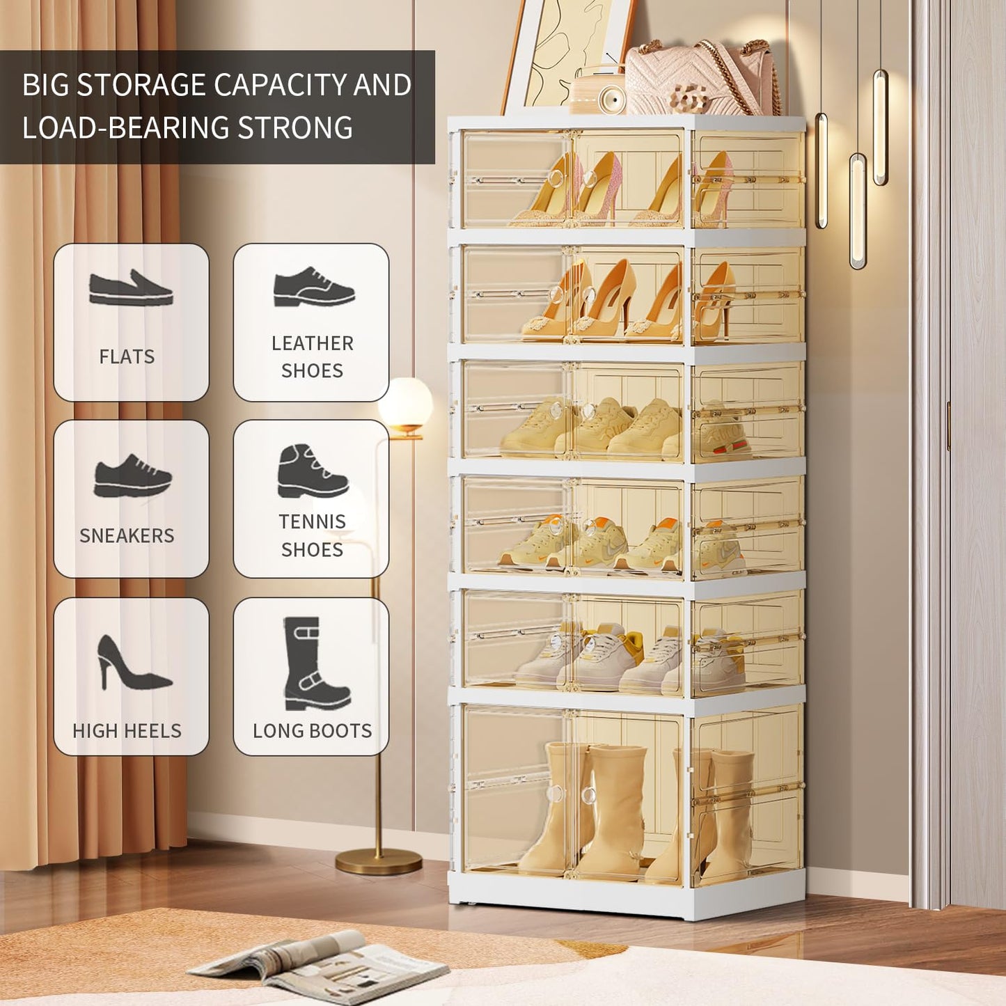 EHAMILY 6 Tiers 6-12 Pairs Foldable Shoe Boxes Large Plastic Shoe Storage Rack Collapsible Shoe Organizer for Closet Tall Shoe Shelf Clear Stackable Shoes Cabinet with Doors Entryway