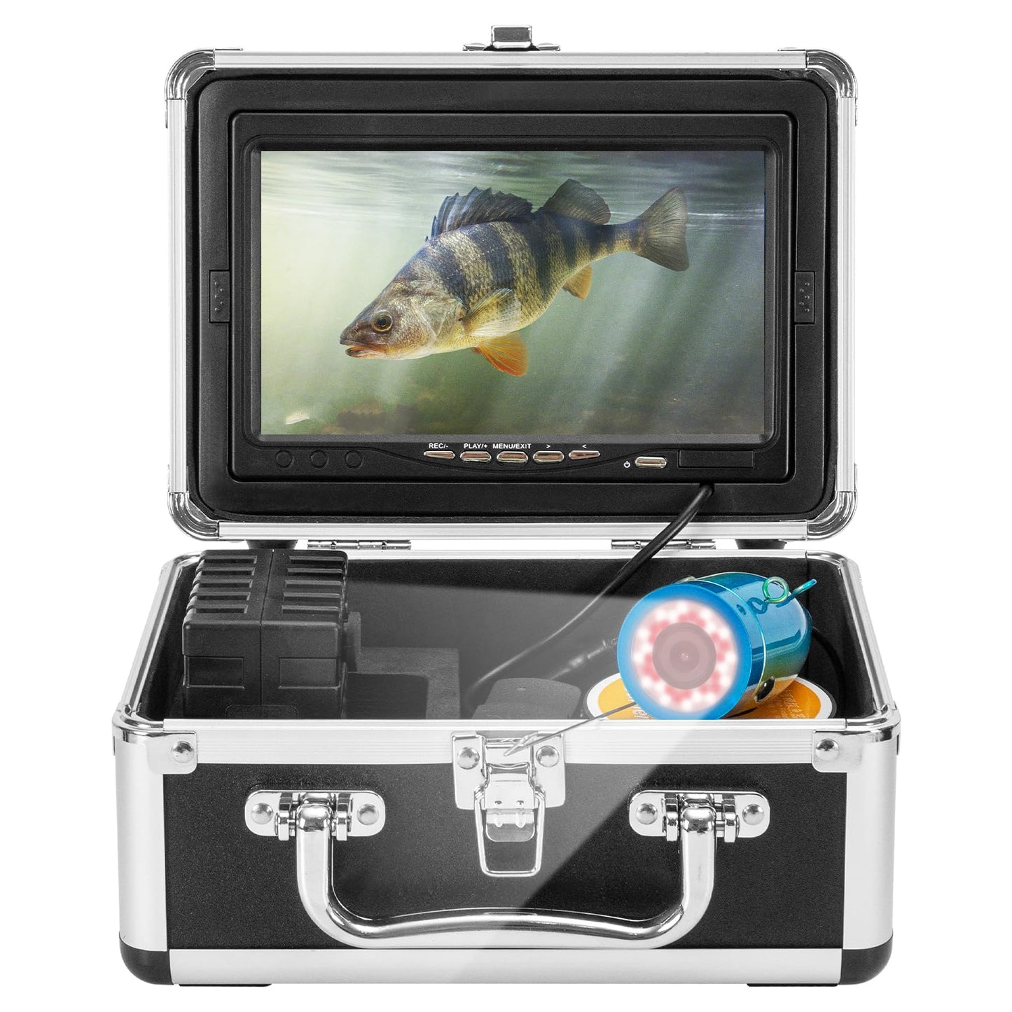 HD Underwater Fishing Camera 98FT,with 18 White+18 IR Lights,7'' 1080P DVR Monitor,Waterproof IP68 JQKJCAM Underwater Fish Finder Camera for Fishing/Deep Water Well Inspection (30M Easy to Use)