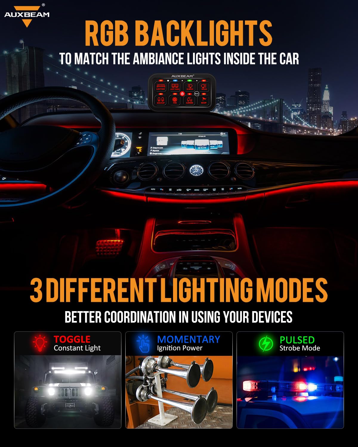 Auxbeam 8 Gang Switch Panel RA80 Toggle Momentary Pulsed RGB Dimmable Multifunction Switch Panel Easy Installation Marine Switch Pod IP65 Waterproof for Car Boat RV, 3 Years Warranty